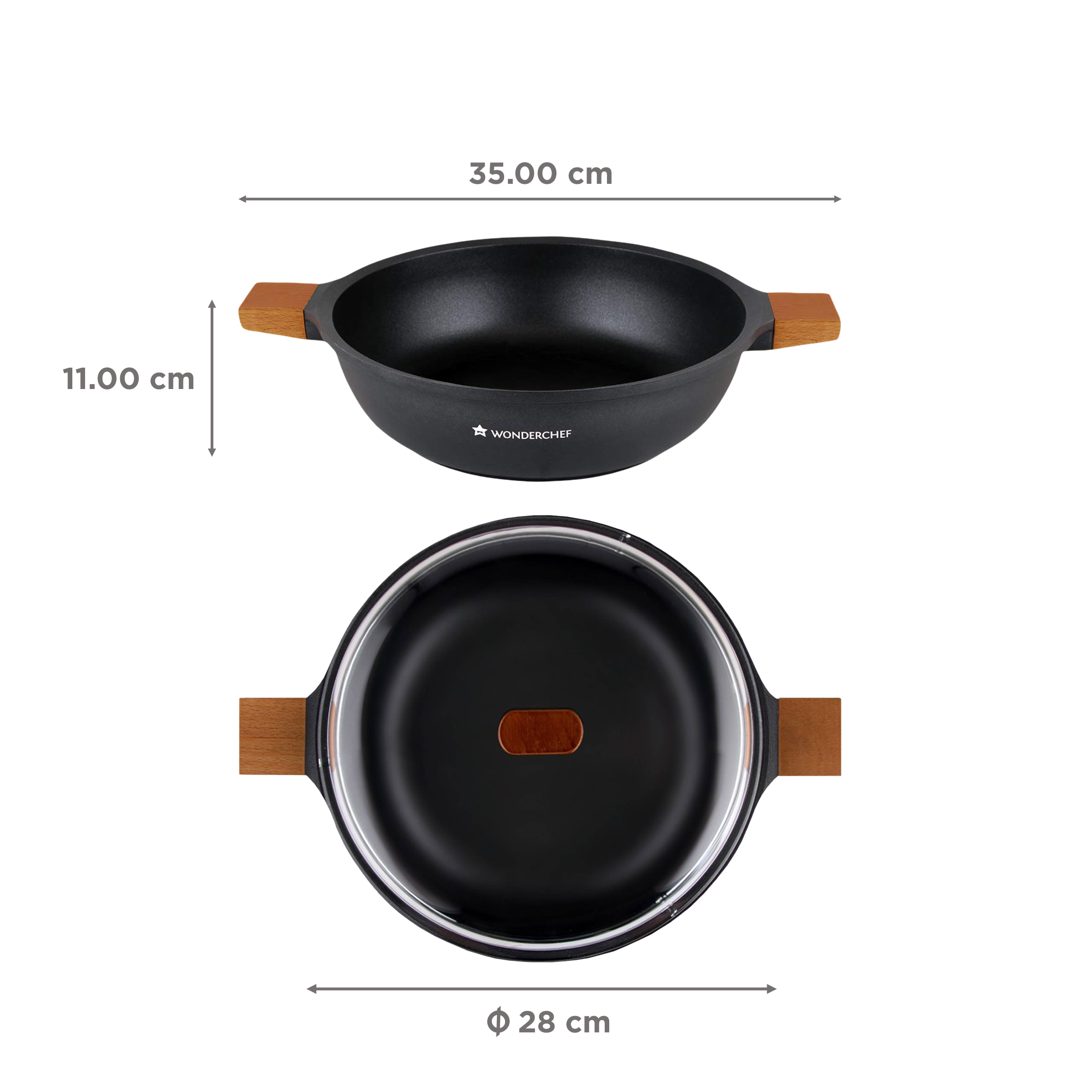 WONDERCHEF Caesar 4.07L Non Stick Aluminium Casserole with Glass Lid (Induction Compatible, Ergonomic Wooden Handles, Black) WONDERCHEF Caesar 4.07L Non Stick Aluminium Casserole with Glass Lid (Induction Compatible, Ergonomic Wooden Handles, Black)_2