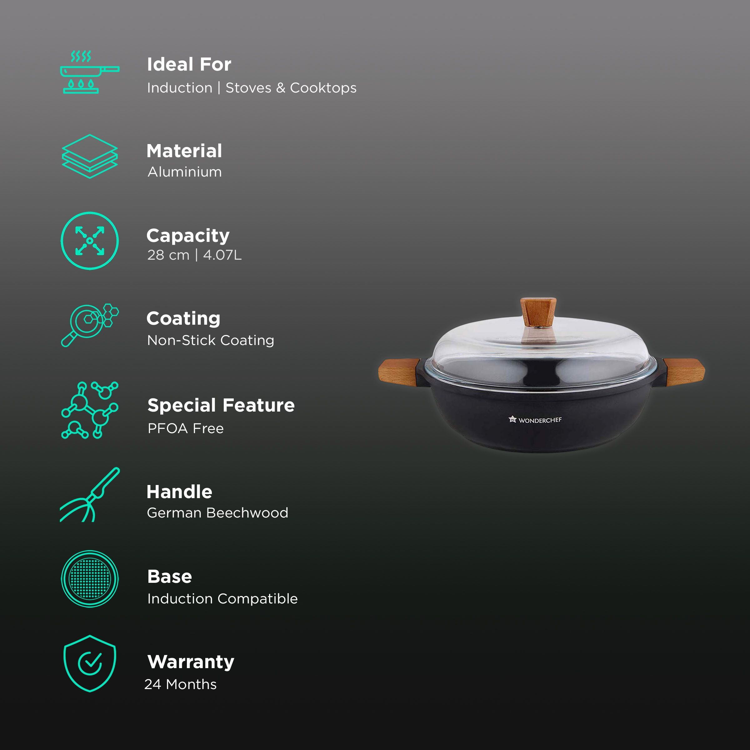 WONDERCHEF Caesar 4.07L Non Stick Aluminium Casserole with Glass Lid (Induction Compatible, Ergonomic Wooden Handles, Black) WONDERCHEF Caesar 4.07L Non Stick Aluminium Casserole with Glass Lid (Induction Compatible, Ergonomic Wooden Handles, Black)_3