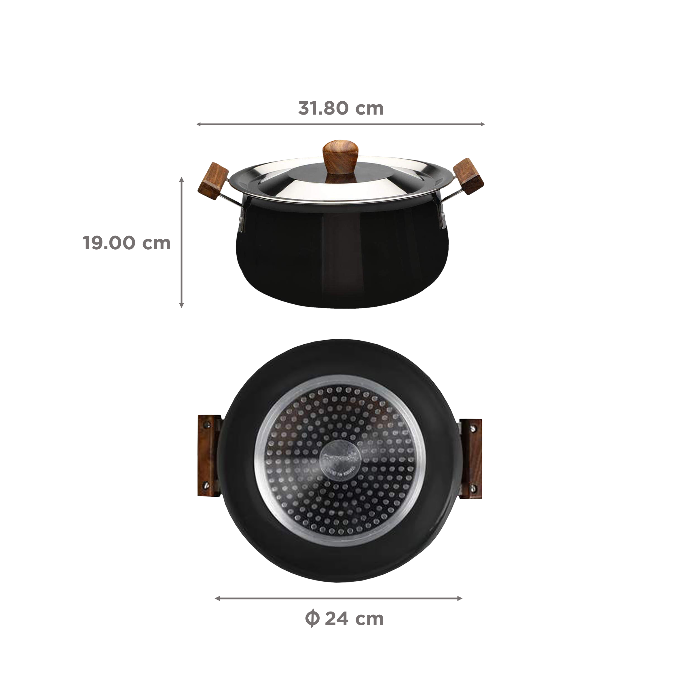 WONDERCHEF Ebony 5L Non Stick Aluminium & Wood Biryani Handi with Stainless Steel Lid (Induction Compatible, Even Heat Distribution, Black)_2