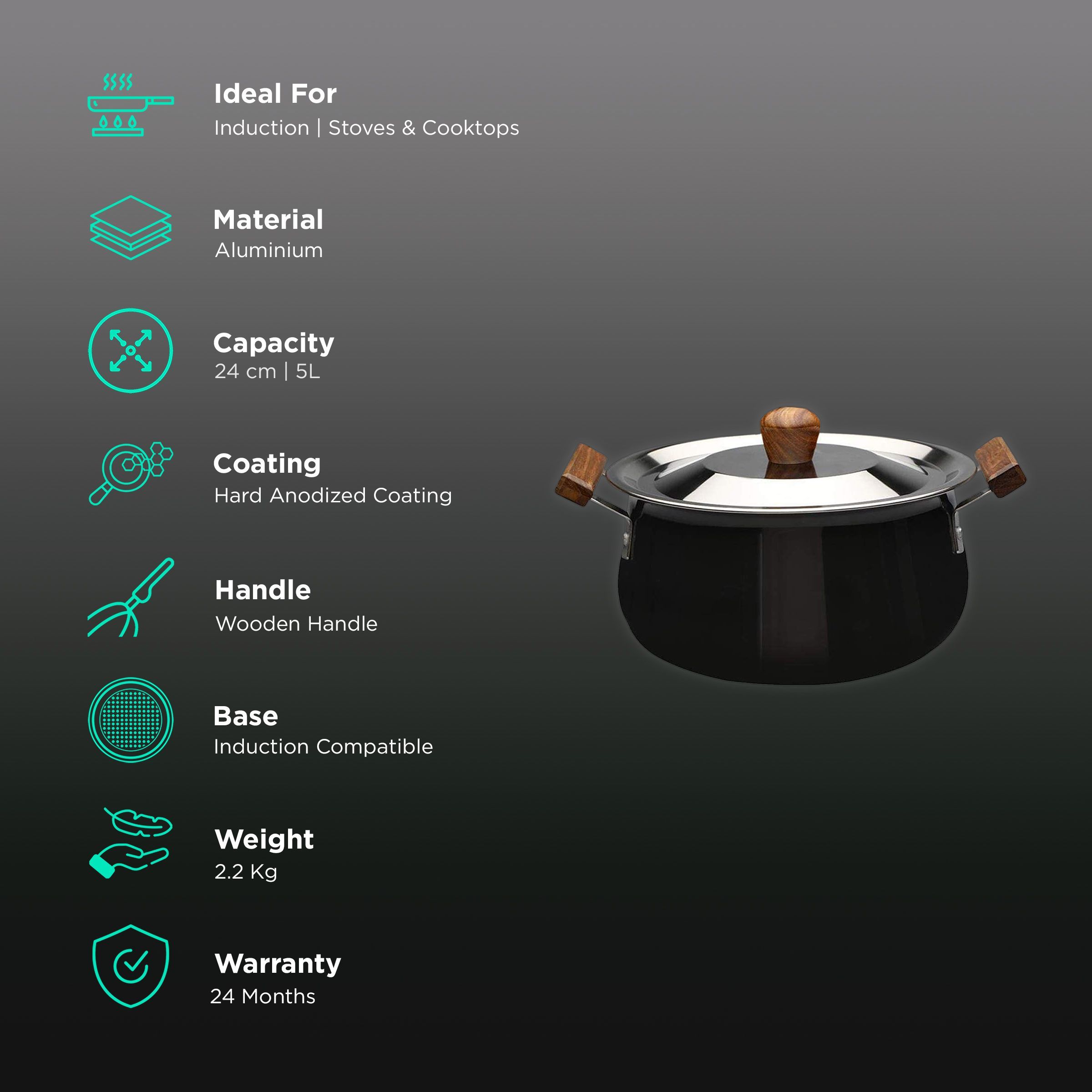 WONDERCHEF Ebony 5L Non Stick Aluminium & Wood Biryani Handi with Stainless Steel Lid (Induction Compatible, Even Heat Distribution, Black)_3