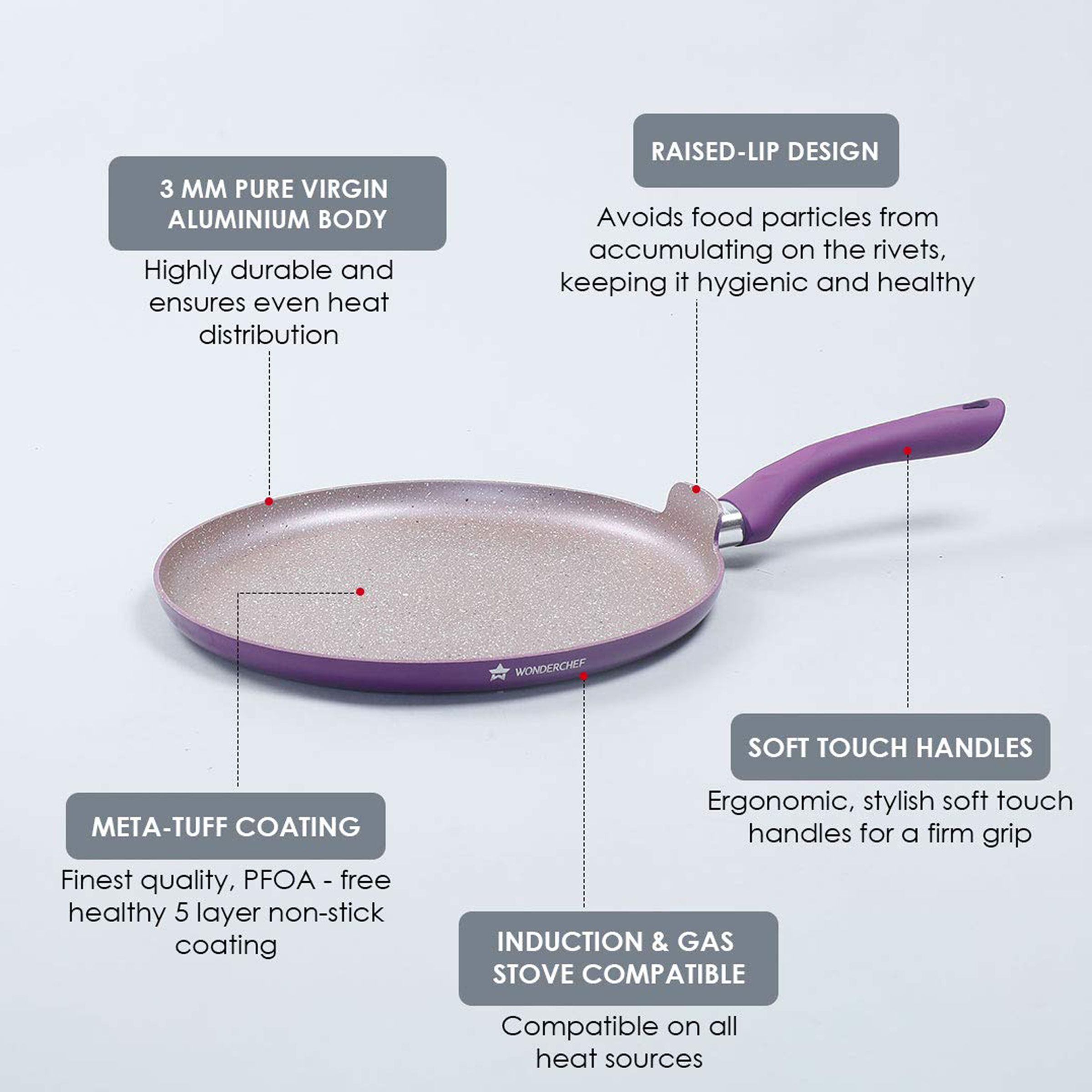 WONDERCHEF Royal Velvet 28cm Non Stick Aluminium Dosa Tawa (Induction Compatible, Even Heat Distribution, Purple)_10