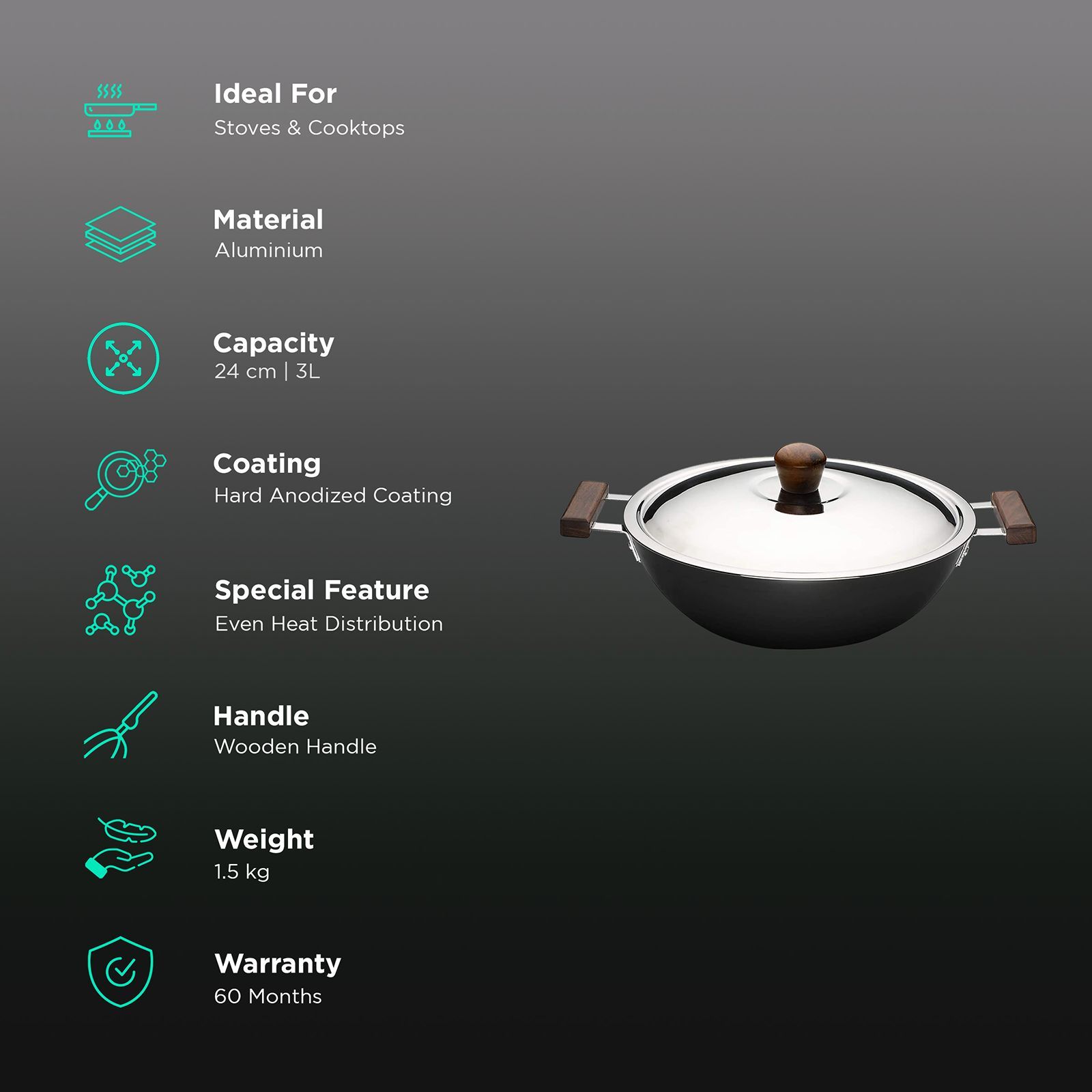 WONDERCHEF Ebony Kadhai with Lid (Hard Anodized Coating, 63152888, Black)_3