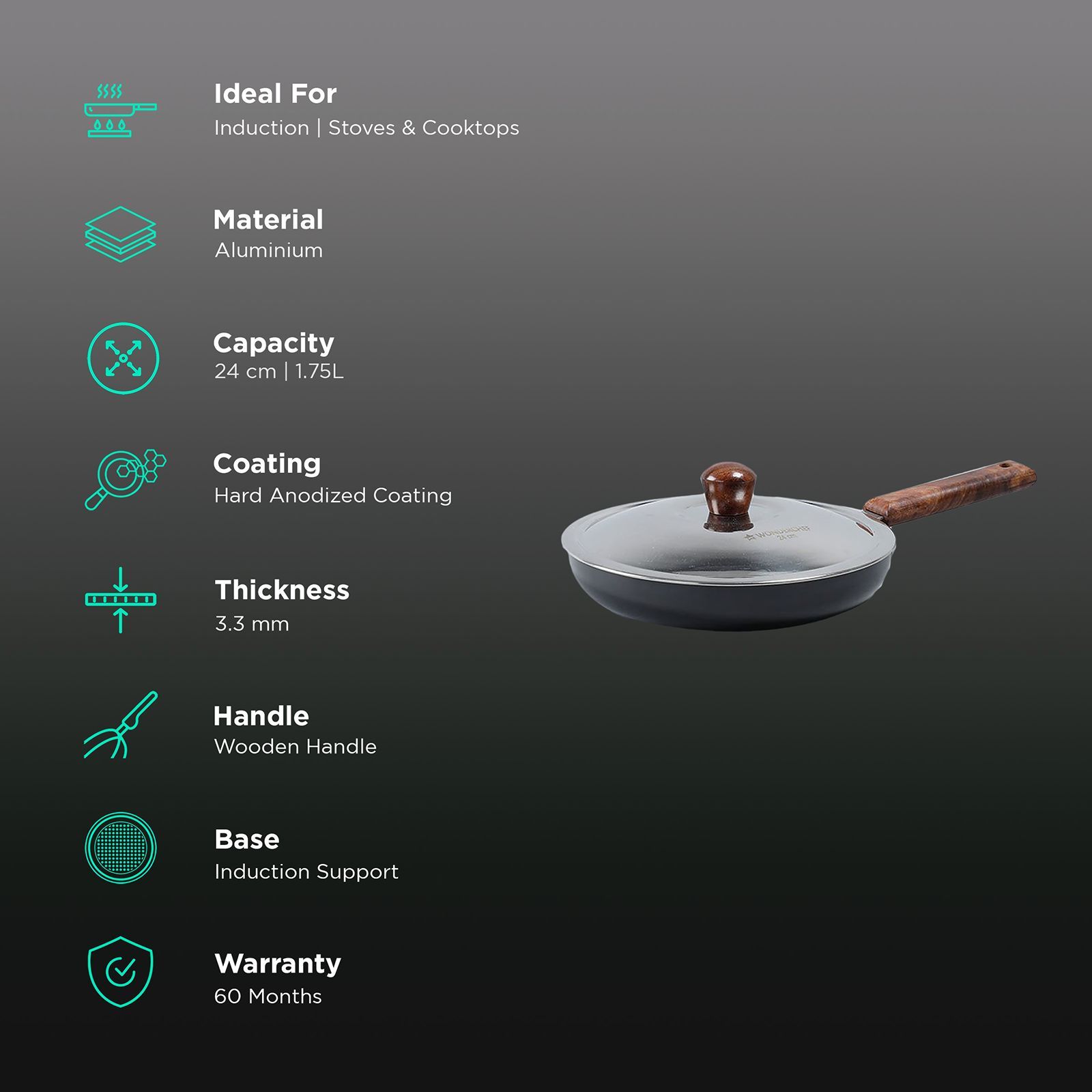 WONDERCHEF Ebony Frying Pan with Lid (Hard Anodized Coating, 63152887, Black) WONDERCHEF Ebony Frying Pan with Lid (Hard Anodized Coating, 63152887, Black)_3