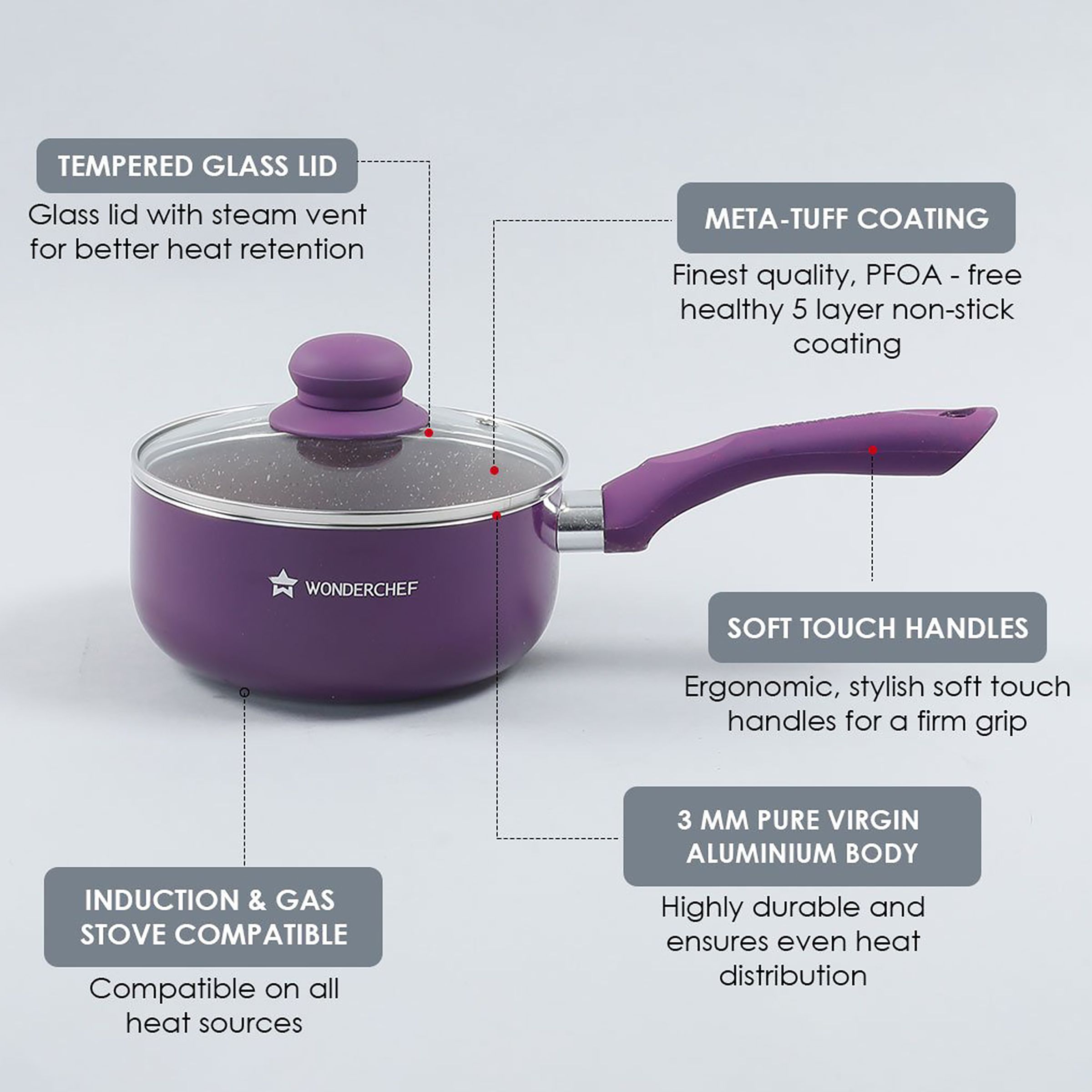 WONDERCHEF Royal Velvet Sauce Pan with Lid (Non-Stick Coating, 63152948, Purple)_16