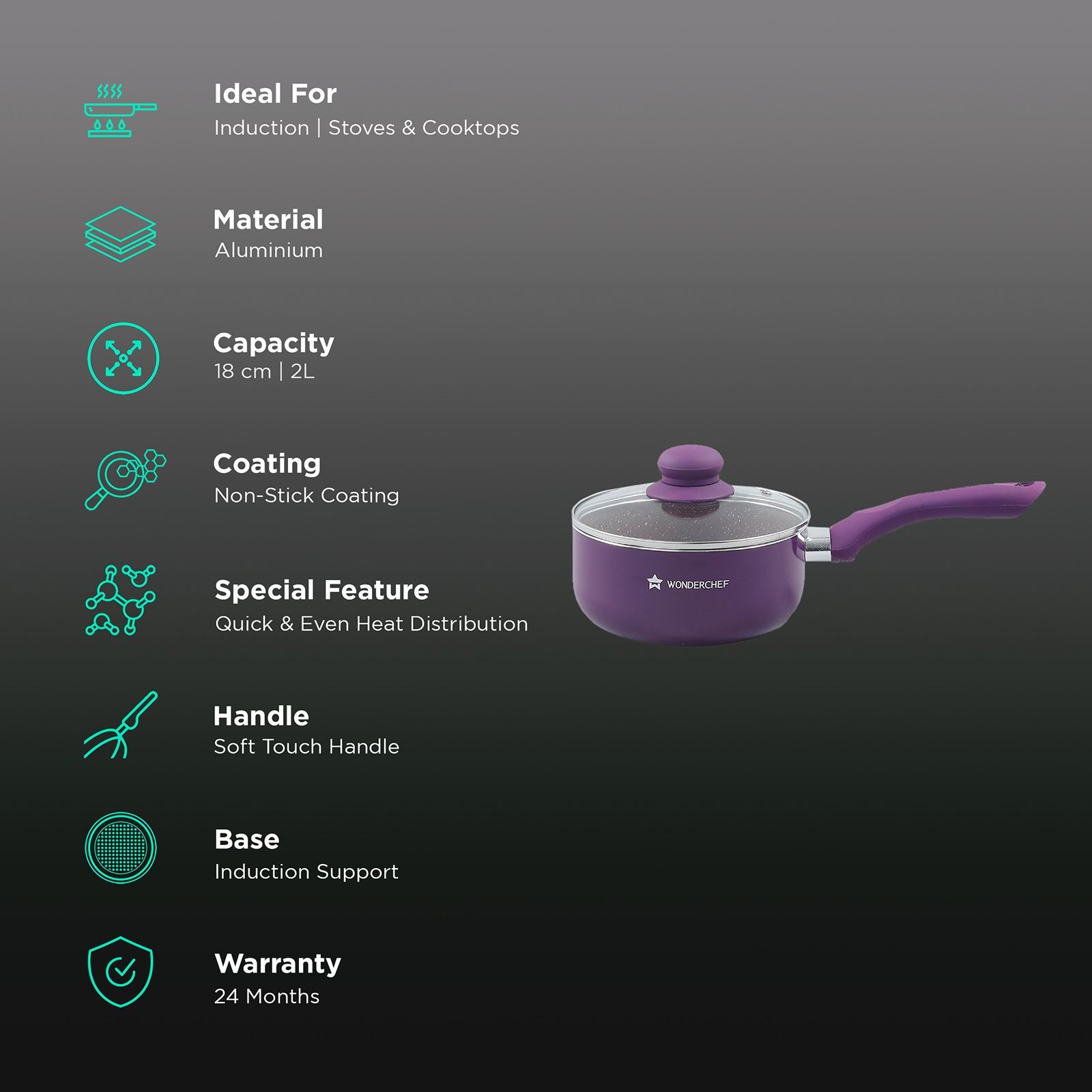 WONDERCHEF Royal Velvet Sauce Pan with Lid (Non-Stick Coating, 63152948, Purple)_3