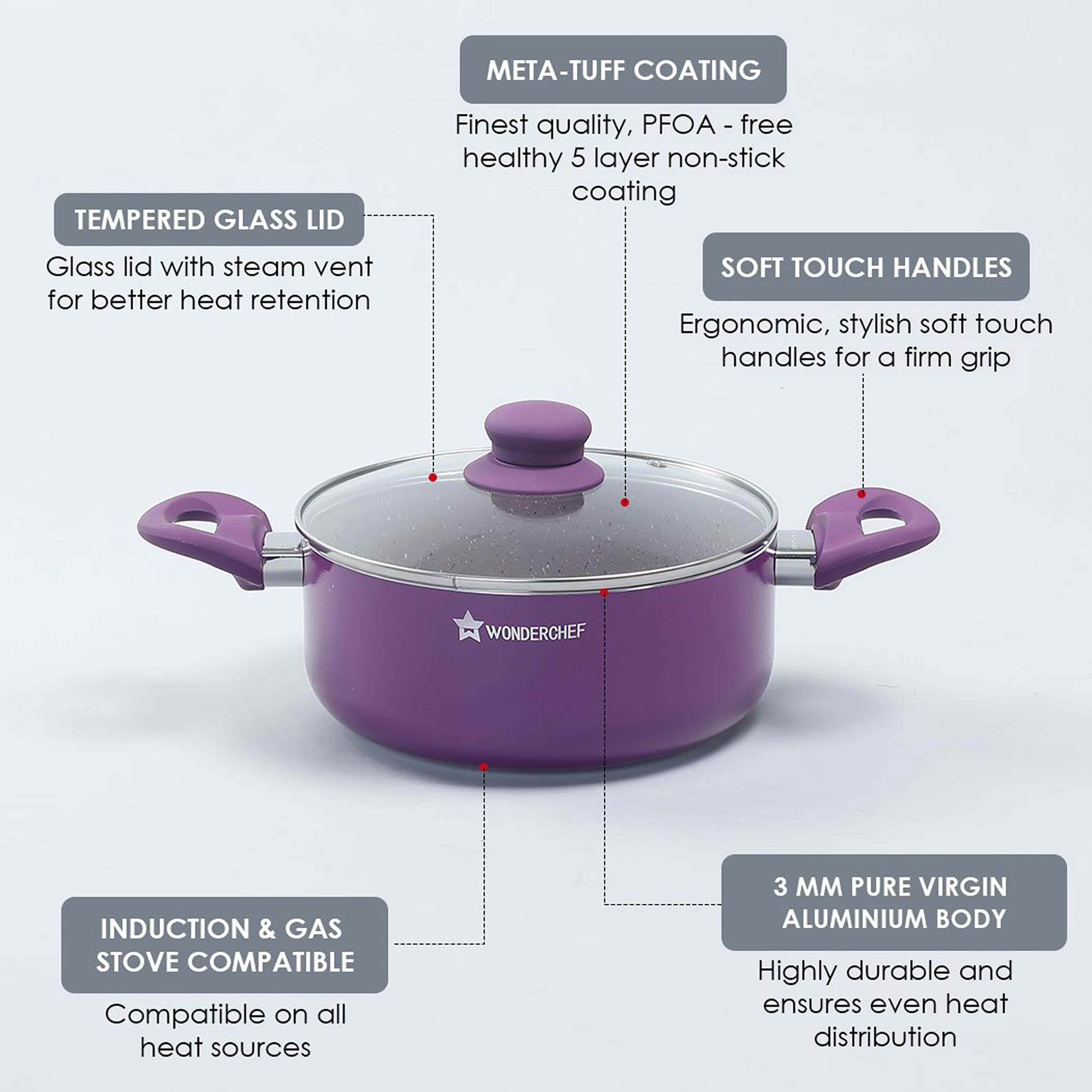 WONDERCHEF Royal Velvet Casserole with Lid (Non-Stick Coating, 63152349, Purple)_9