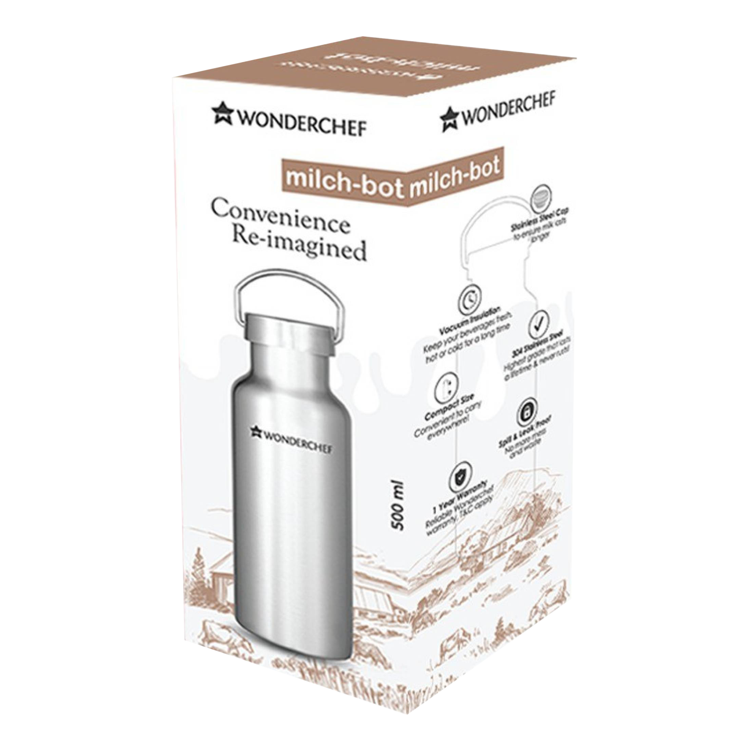 WONDERCHEF Milch-Bot 500ml Stainless Steel Hot & Cold Double Wall Flask (BPA Free, Silver)_16