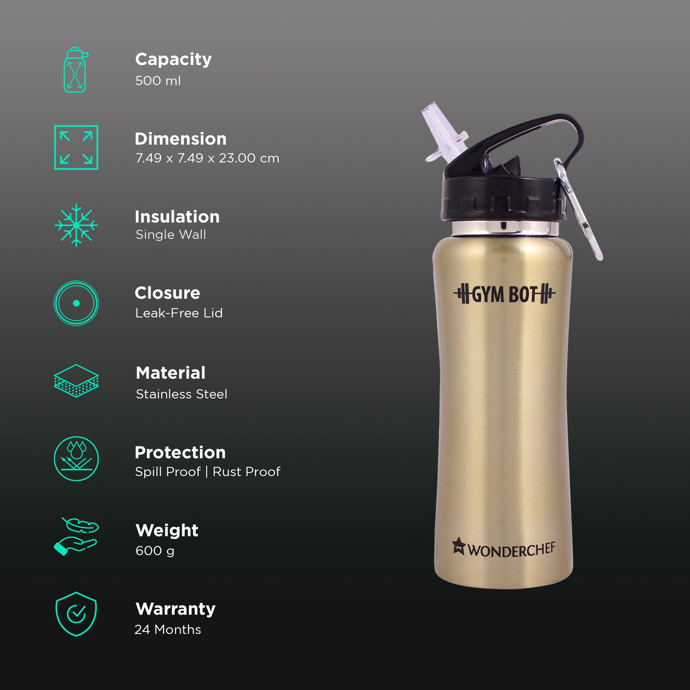 WONDERCHEF Gym-Bot 500ml Stainless Steel Single Wall Water Bottle (BPA Free, Gold)_3