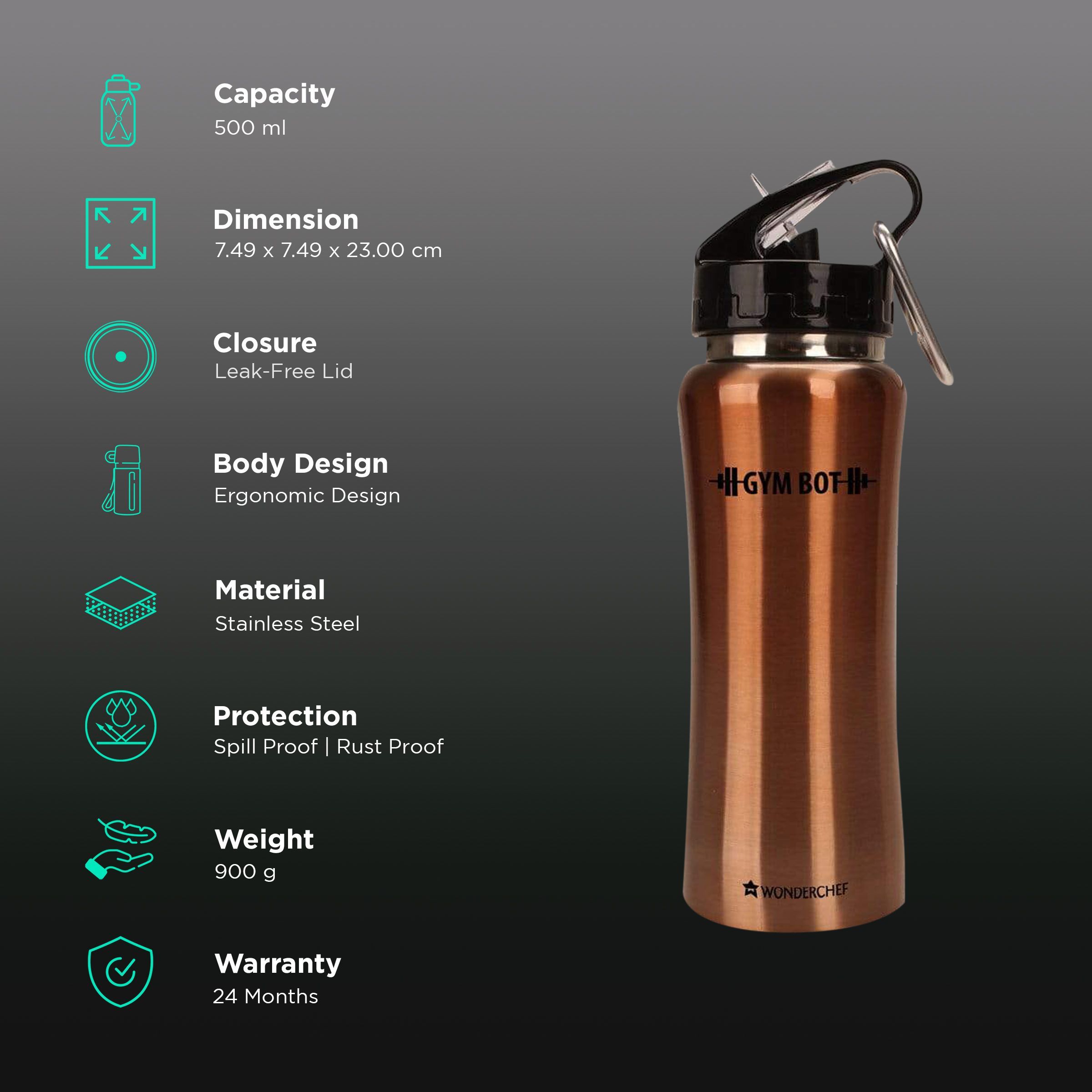 WONDERCHEF Gym-Bot 500ml Stainless Steel Single Wall Water Bottle (BPA Free, Copper)_3