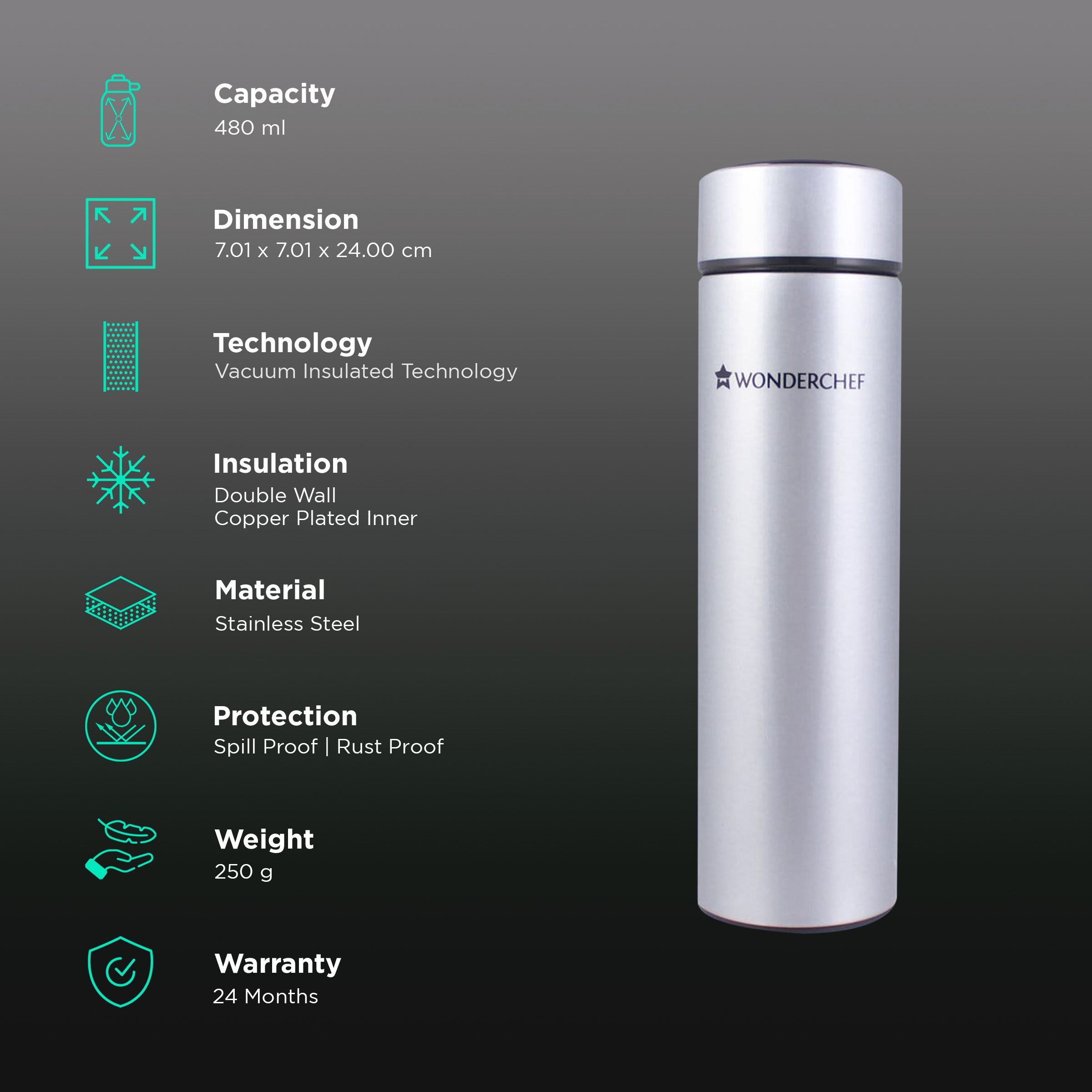 WONDERCHEF Nutri-Bot 480ml Stainless Steel Hot & Cold Double Wall Flask (BPA Free, Silver) WONDERCHEF Nutri-Bot 480ml Stainless Steel Hot & Cold Double Wall Flask (BPA Free, Silver)_3