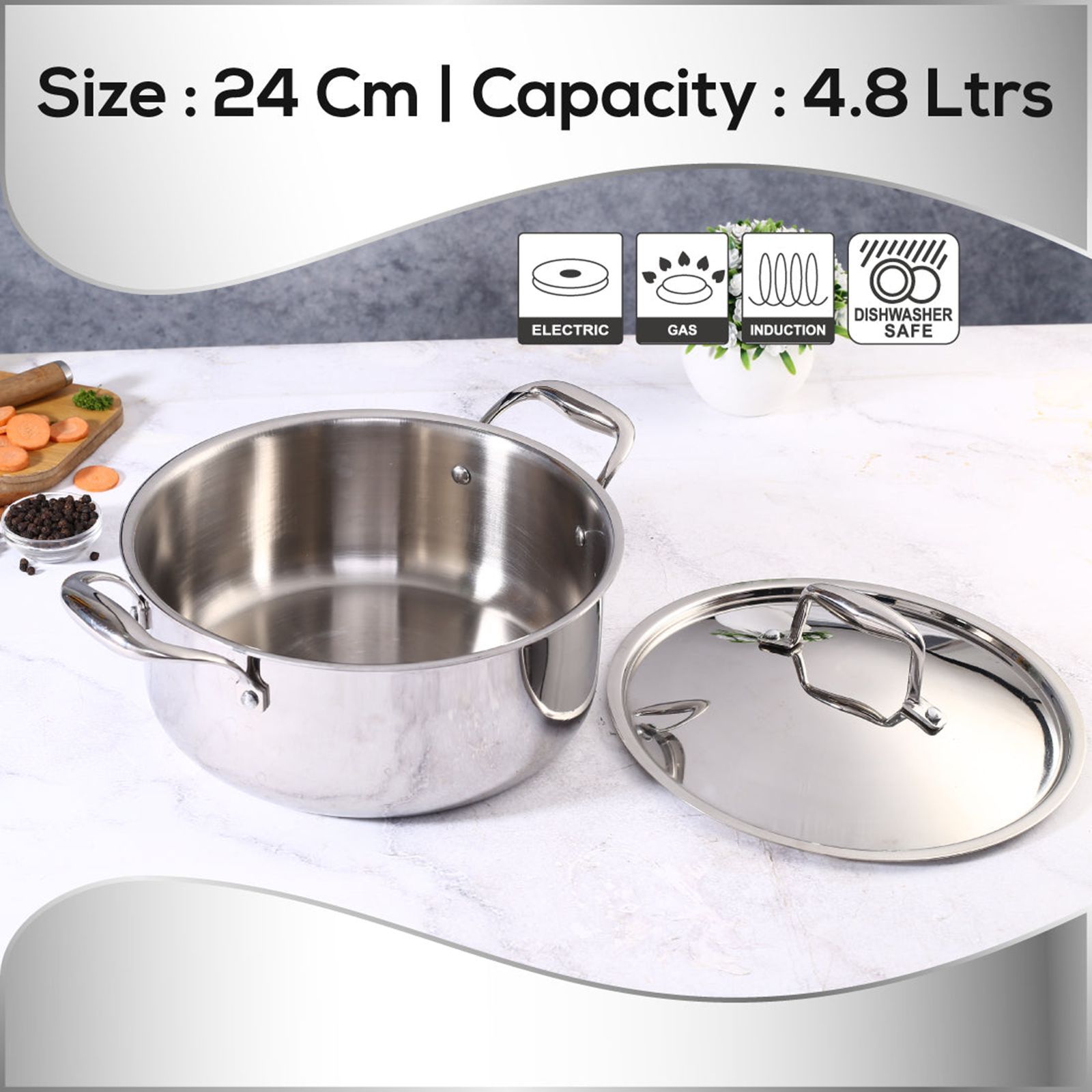 WONDERCHEF Nigella 4.8L Non Stick Aluminium & Stainless steel Casserole with Stainless Steel Lid (Induction Compatible, Even Heat Distribution, Silver)_12