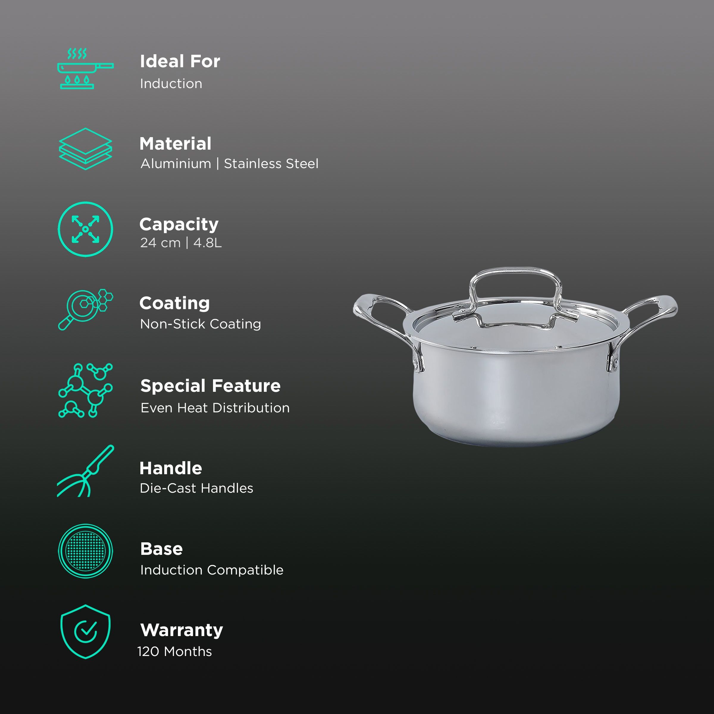 WONDERCHEF Nigella 4.8L Non Stick Aluminium & Stainless steel Casserole with Stainless Steel Lid (Induction Compatible, Even Heat Distribution, Silver)_2