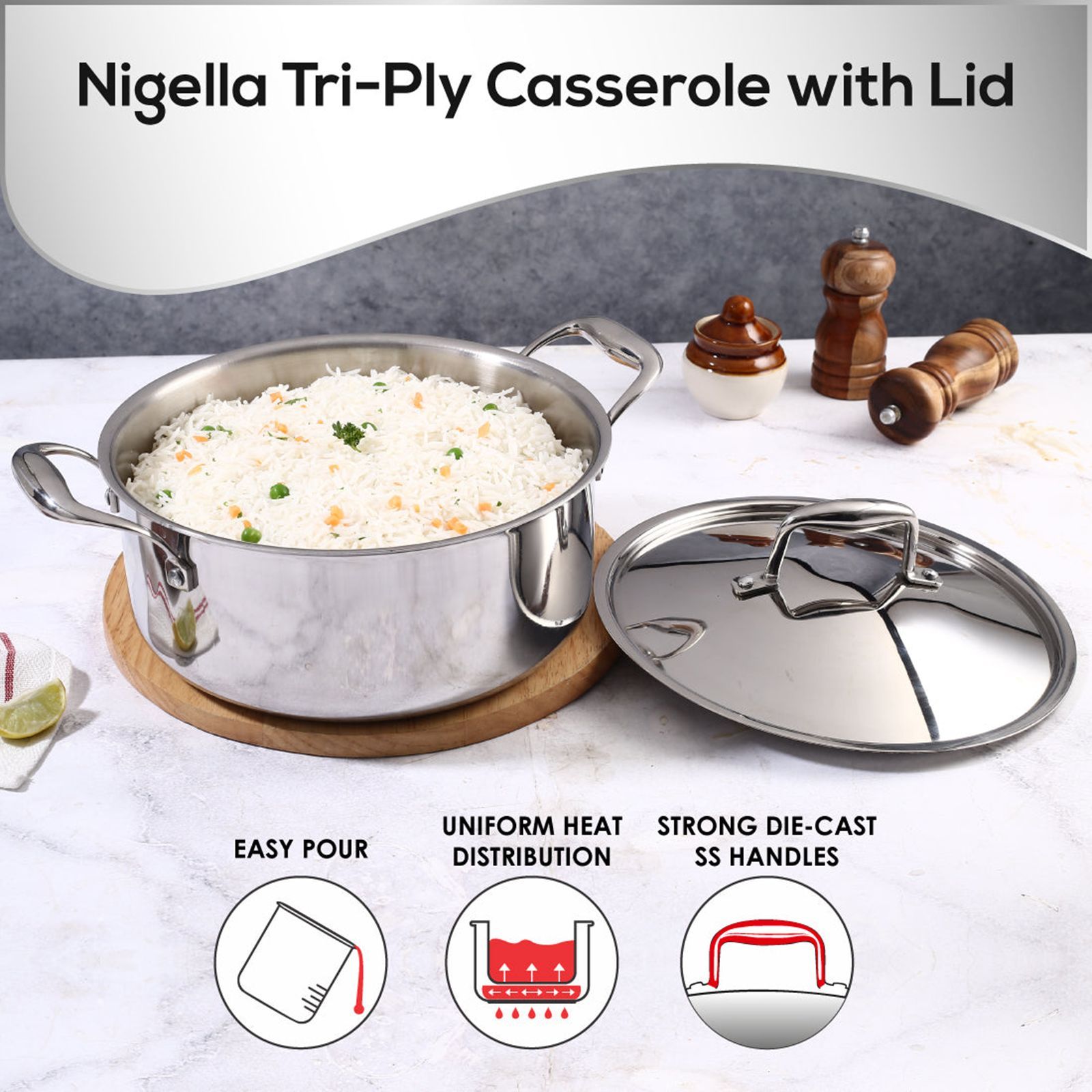 WONDERCHEF Nigella 4.8L Non Stick Aluminium & Stainless steel Casserole with Stainless Steel Lid (Induction Compatible, Even Heat Distribution, Silver)_7