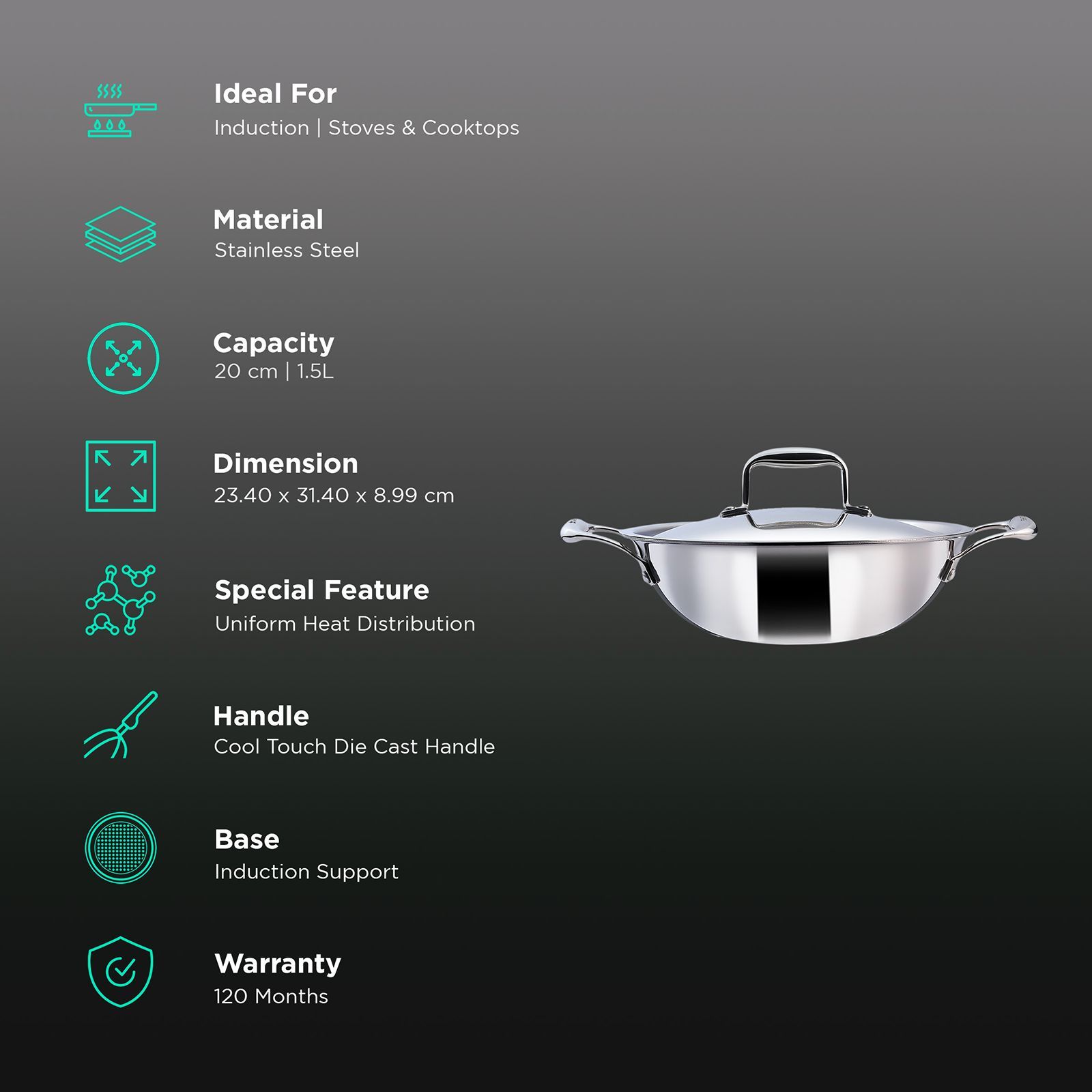 WONDERCHEF Nigella Kadhai with Lid (Energy Efficient, 63153400, Silver) WONDERCHEF Nigella Kadhai with Lid (Energy Efficient, 63153400, Silver)_3