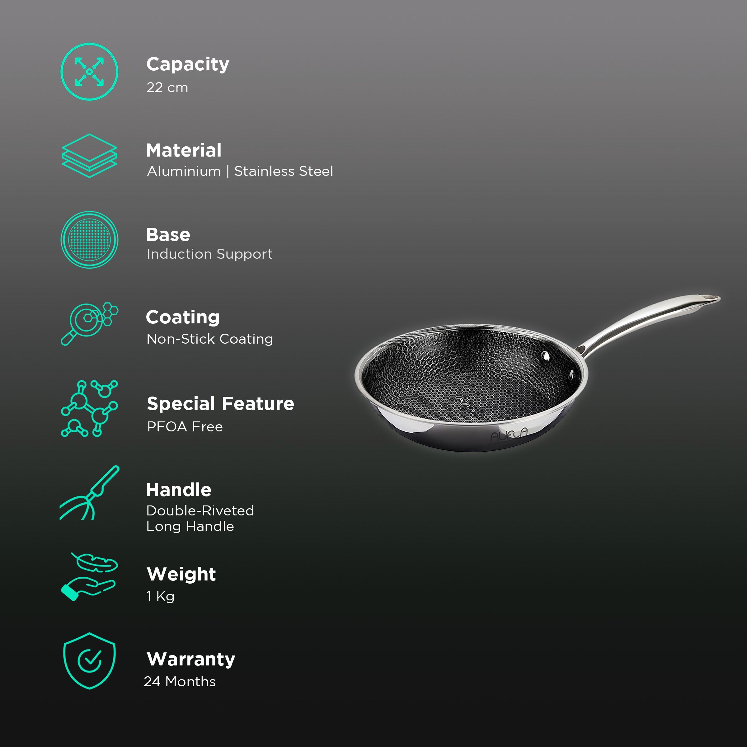 AUFLA NTHC 22cm Non Stick Aluminium & Stainless Steel Fry Pan (Induction Compatible, Honeycomb Coating, Silver)_3