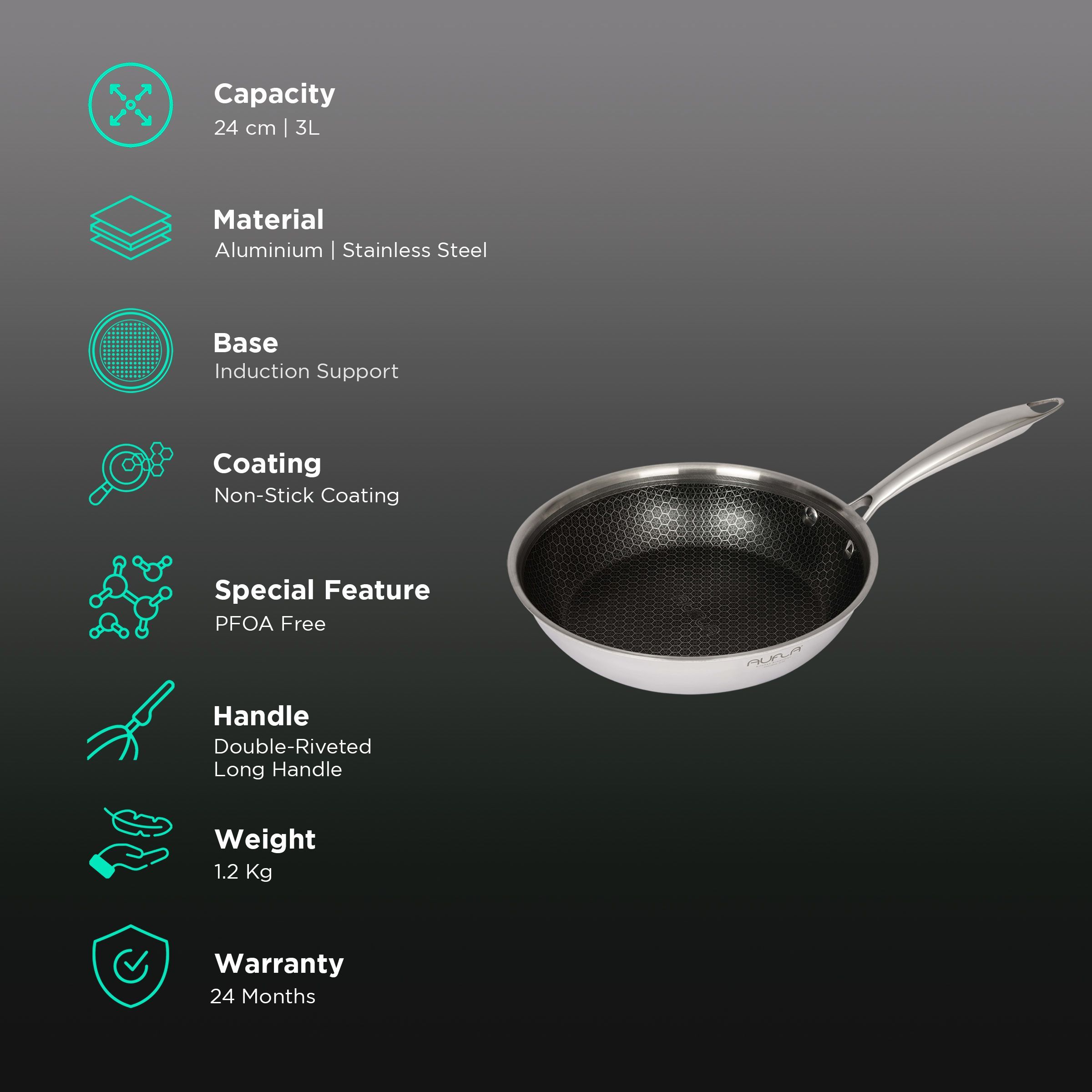 AUFLA NTHC 3L Non Stick Aluminium & Stainless Steel Fry Pan (Induction Compatible, Honeycomb Coating, Silver)_3