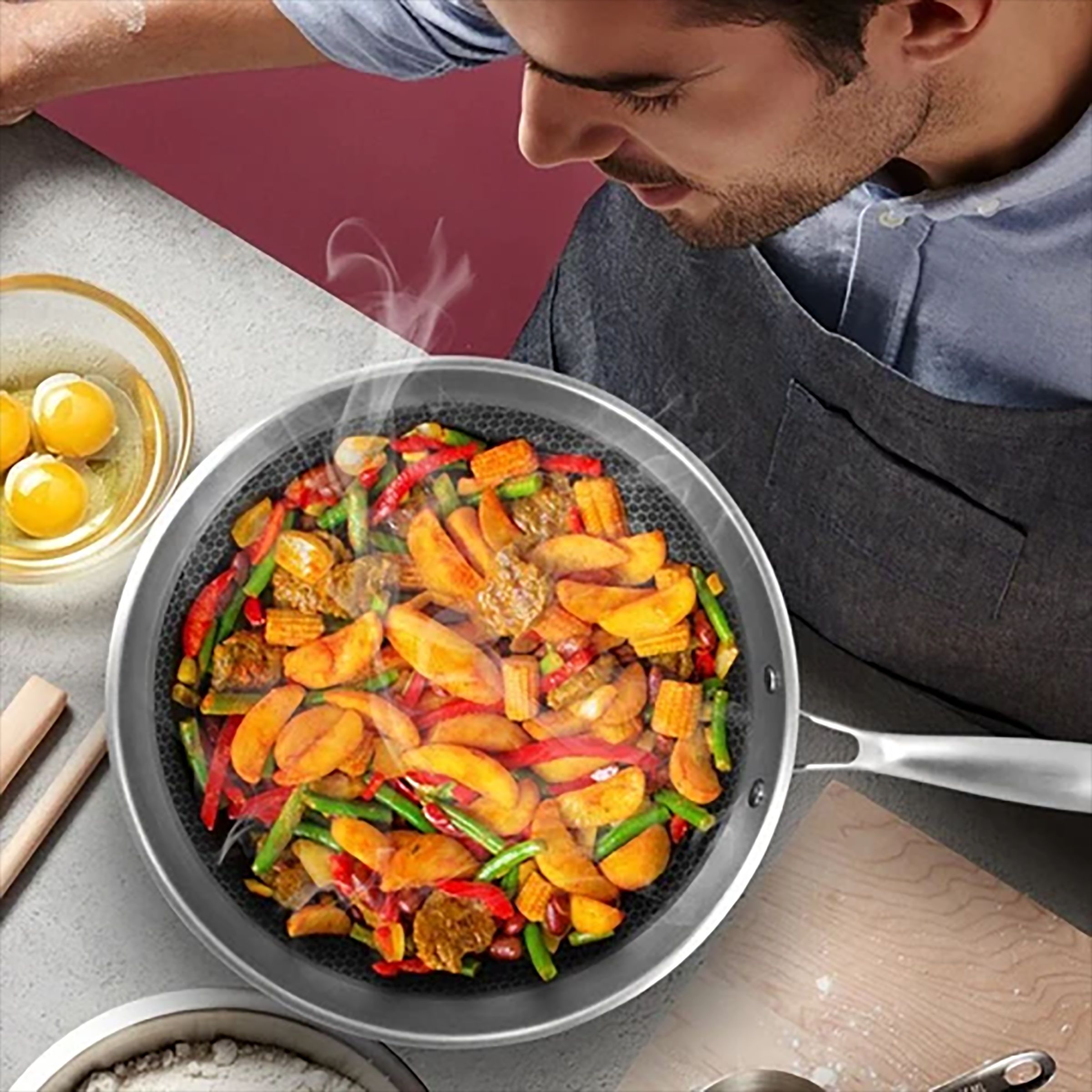 AUFLA NTHC Non Stick Aluminium & Stainless Steel Fry Pan (Induction Compatible, Honeycomb Coating, Silver)_5