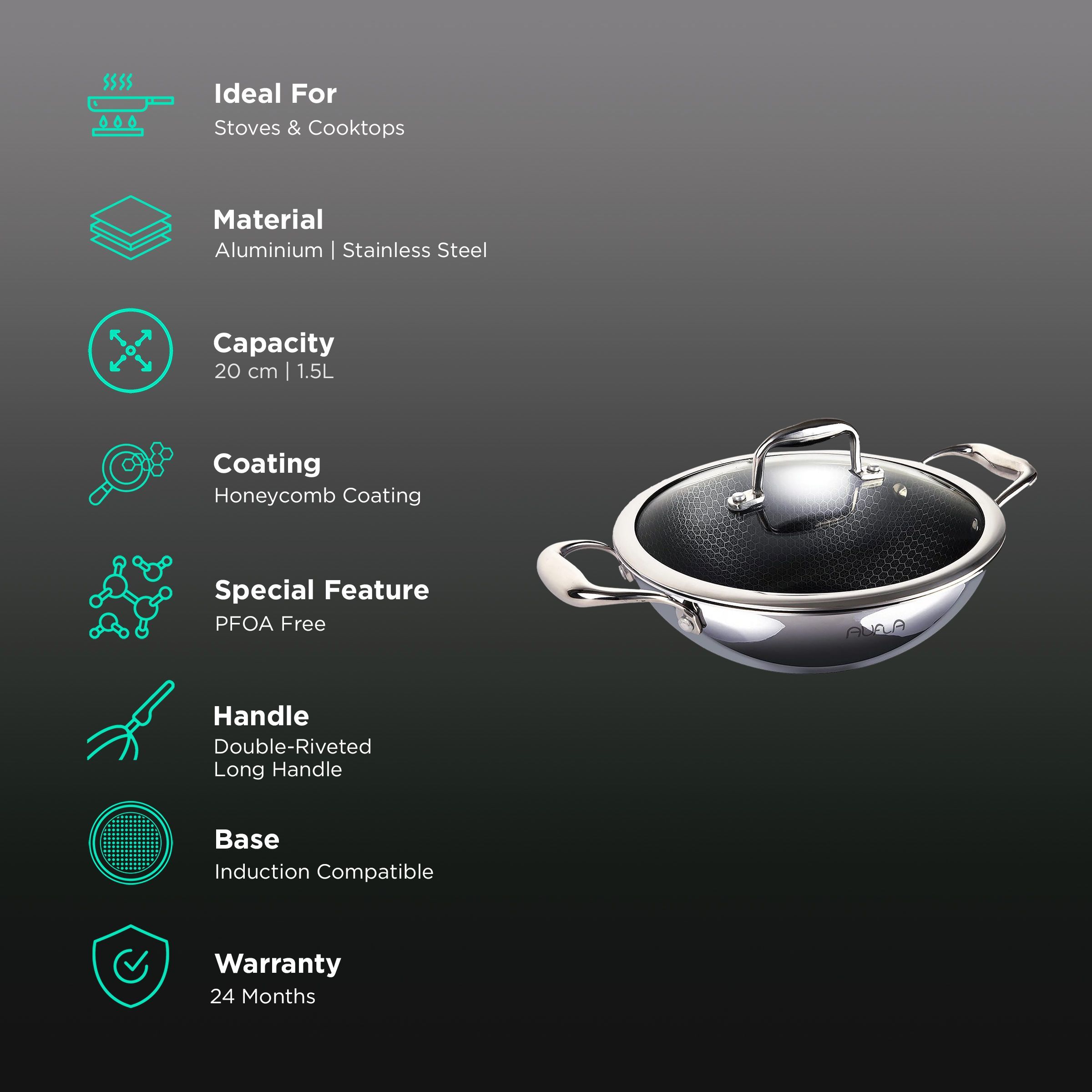 AUFLA NTHC 1.5L Non Stick Aluminium & Stainless Steel Kadhai with Glass Lid (Induction Compatible, Honeycomb Coating, Silver)_2