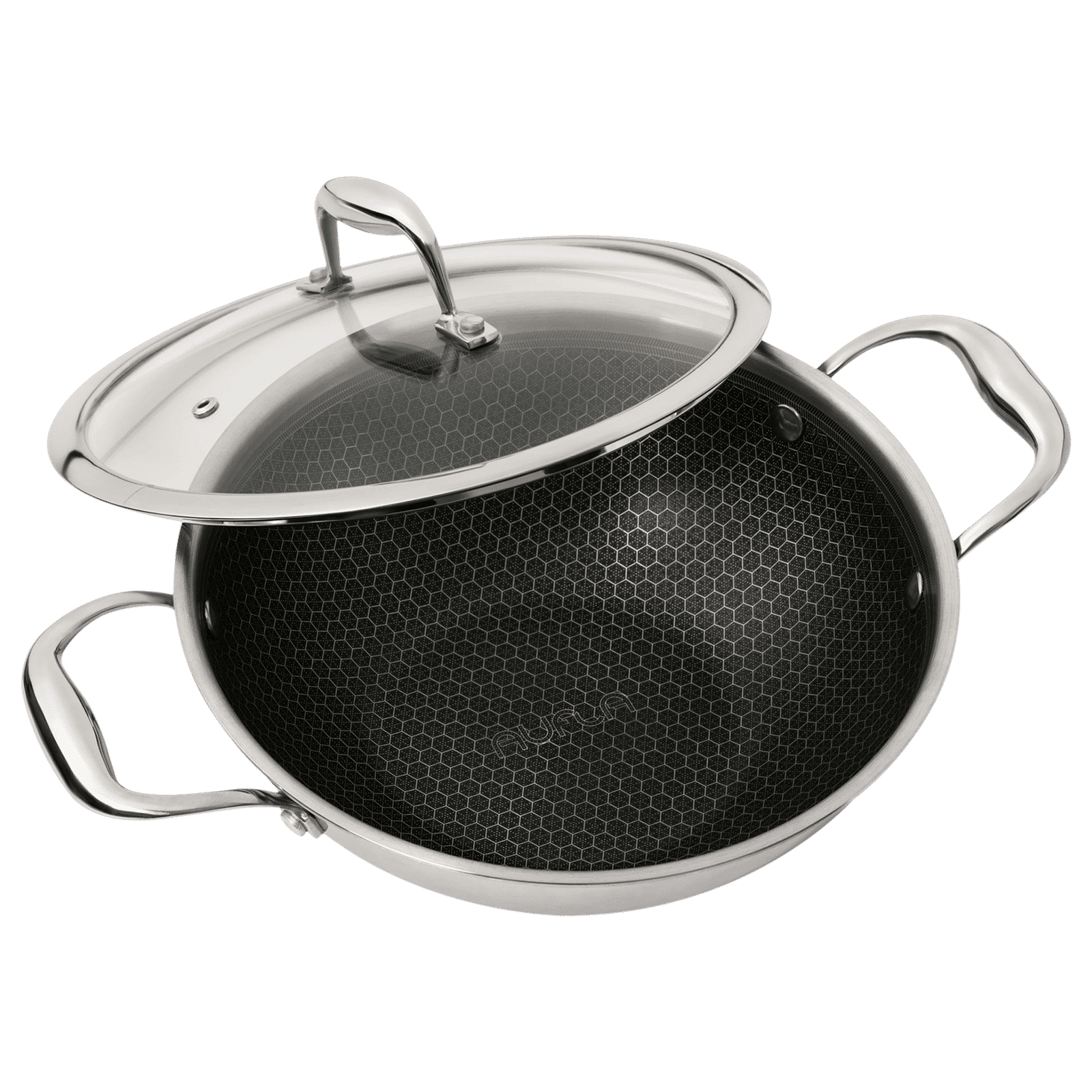 AUFLA NTHC 1.5L Non Stick Aluminium & Stainless Steel Kadhai with Glass Lid (Induction Compatible, Honeycomb Coating, Silver)_3