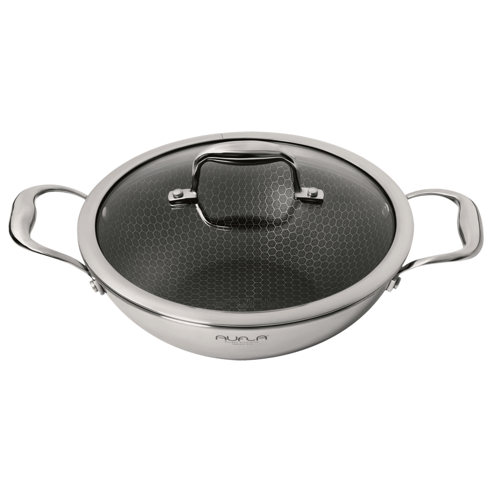 AUFLA NTHC 1.5L Non Stick Aluminium & Stainless Steel Kadhai with Glass Lid (Induction Compatible, Honeycomb Coating, Silver) AUFLA NTHC 1.5L Non Stick Aluminium & Stainless Steel Kadhai with Glass Lid (Induction Compatible, Honeycomb Coating, Silver)_1