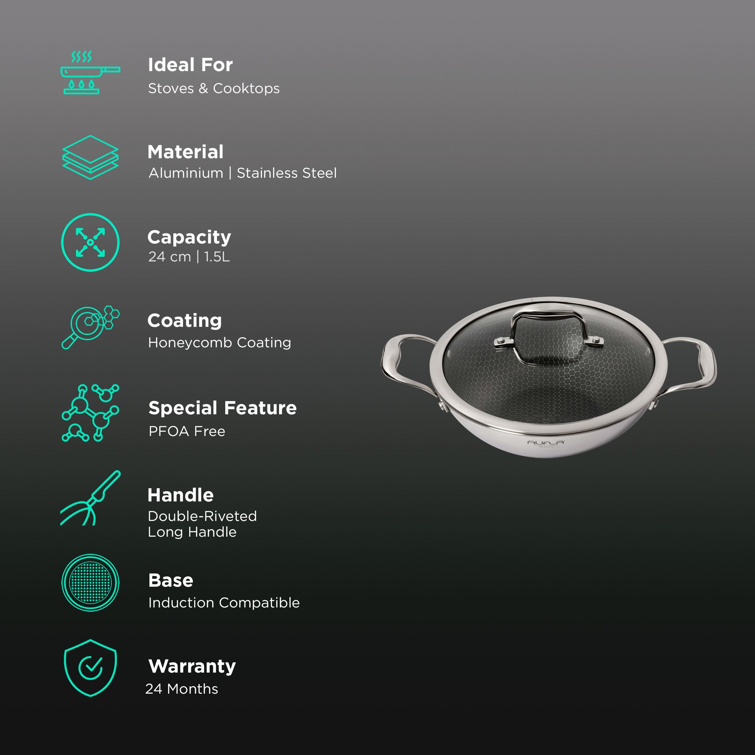 AUFLA NTHC 1.5L Non Stick Aluminium & Stainless Steel Kadhai with Glass Lid (Induction Compatible, Honeycomb Coating, Silver) AUFLA NTHC 1.5L Non Stick Aluminium & Stainless Steel Kadhai with Glass Lid (Induction Compatible, Honeycomb Coating, Silver)_2