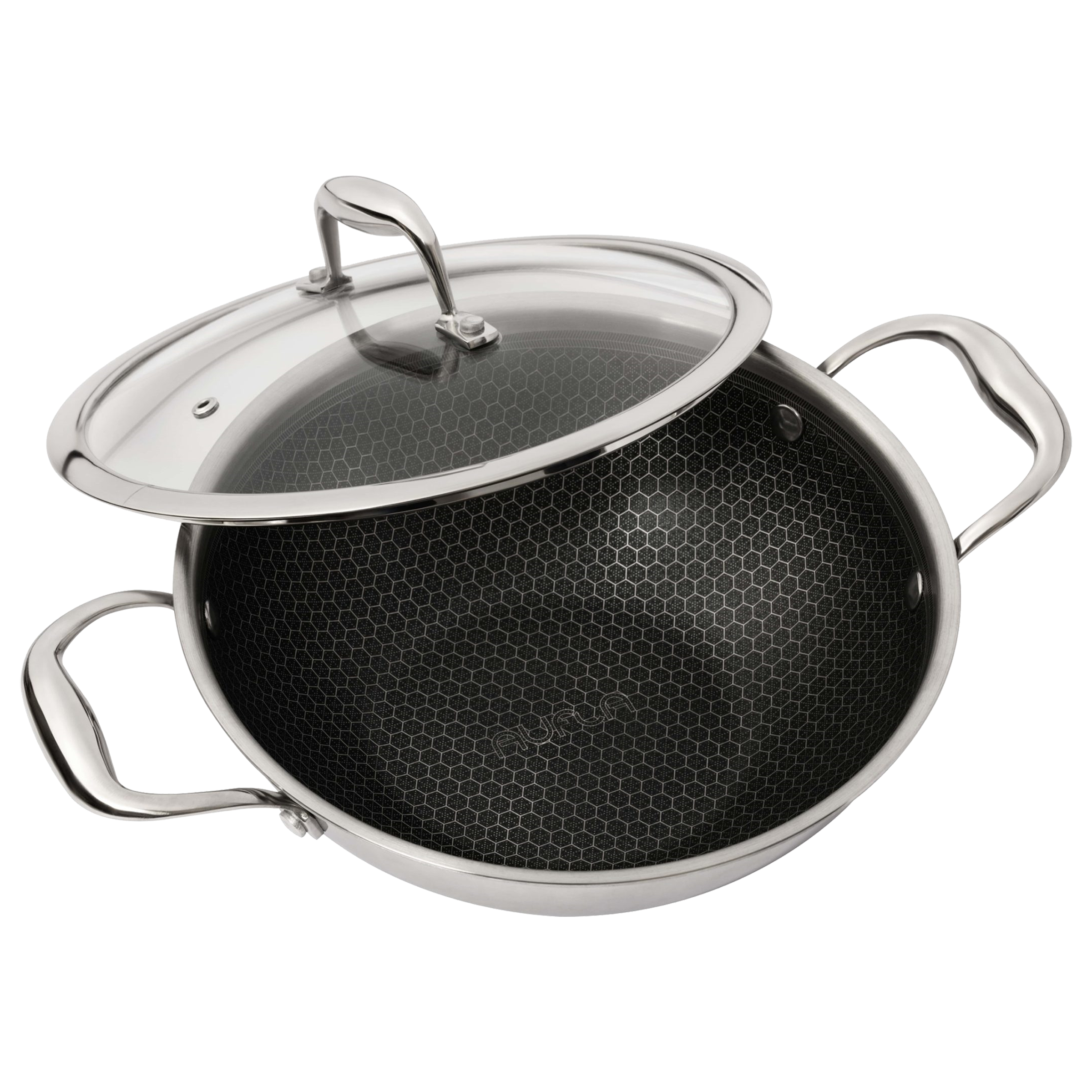 AUFLA NTHC 1.5L Non Stick Aluminium & Stainless Steel Kadhai with Glass Lid (Induction Compatible, Honeycomb Coating, Silver) AUFLA NTHC 1.5L Non Stick Aluminium & Stainless Steel Kadhai with Glass Lid (Induction Compatible, Honeycomb Coating, Silver)_3