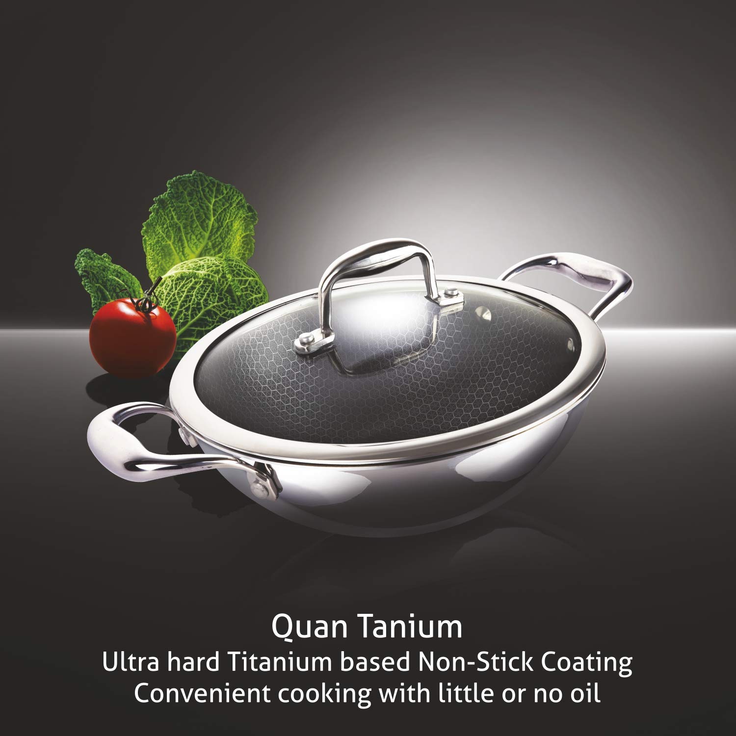 AUFLA NTHC 1.5L Non Stick Aluminium & Stainless Steel Kadhai with Glass Lid (Induction Compatible, Honeycomb Coating, Silver) AUFLA NTHC 1.5L Non Stick Aluminium & Stainless Steel Kadhai with Glass Lid (Induction Compatible, Honeycomb Coating, Silver)_5