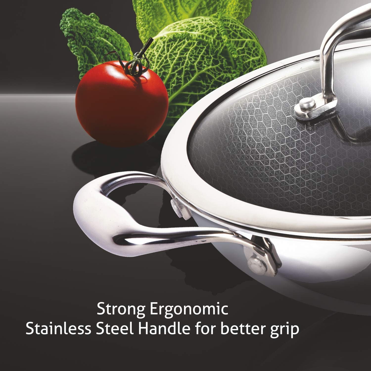 AUFLA NTHC 1.5L Non Stick Aluminium & Stainless Steel Kadhai with Glass Lid (Induction Compatible, Honeycomb Coating, Silver) AUFLA NTHC 1.5L Non Stick Aluminium & Stainless Steel Kadhai with Glass Lid (Induction Compatible, Honeycomb Coating, Silver)_6