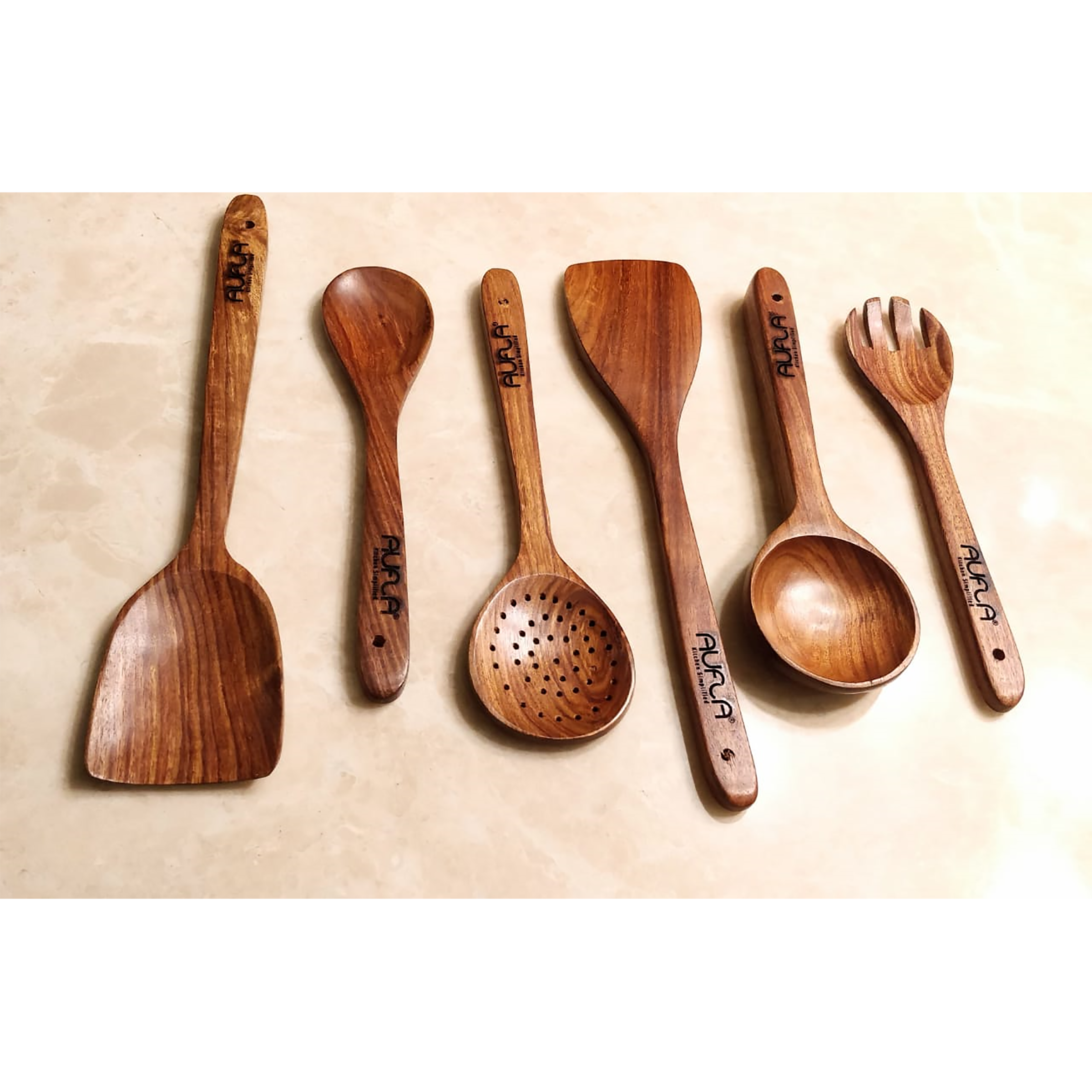 AUFLA ARS 6 Pcs Non Stick Rosewood/Sheesham Wood Cooking Spoon Set (Durable & Versatile, Brown)_3