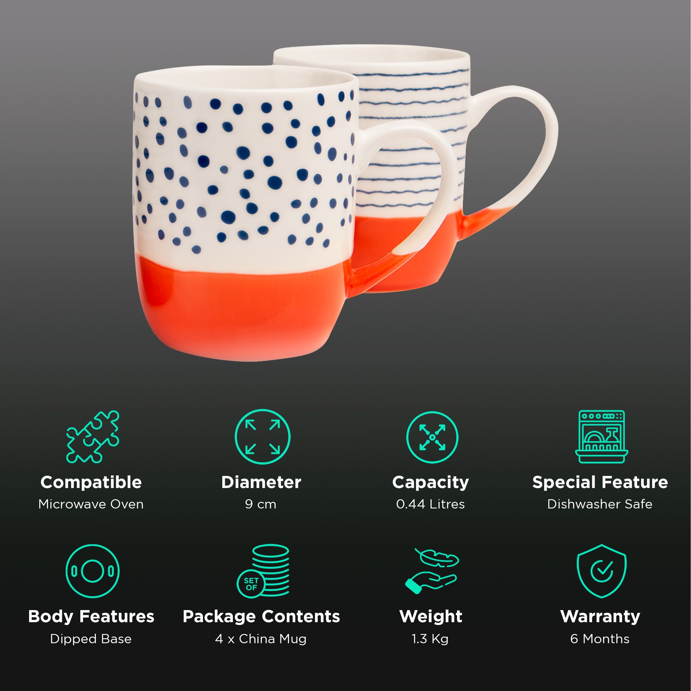 sabichi Haden Tangerine Bone China Mug (Set of 4, Dipped Base, White/Orange)_2