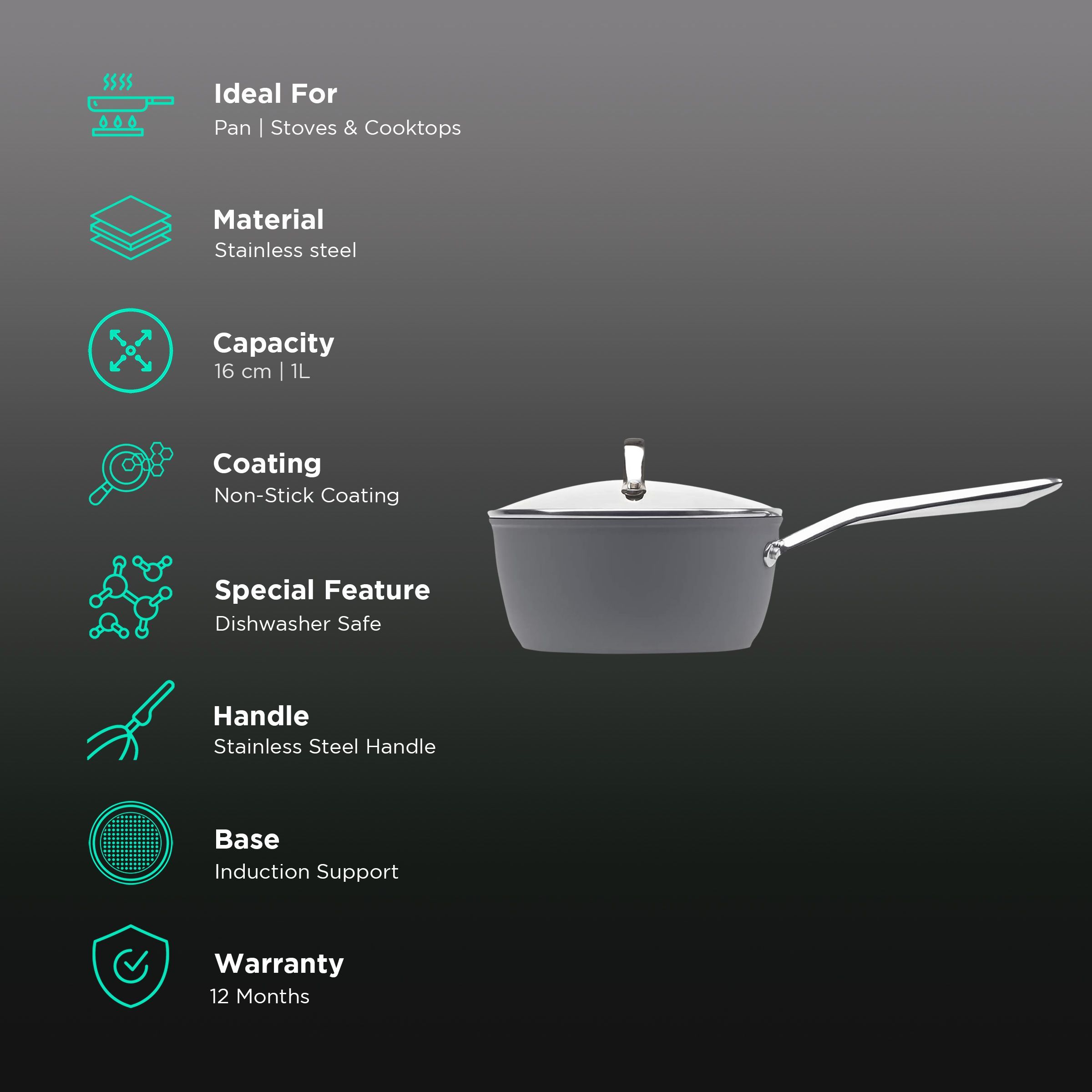 sabichi Haden Perth 1L Non Stick Stainless Steel Sauce Pan with Glass Lid (Induction Compatible, Even Heat Distribution, Grey)_3