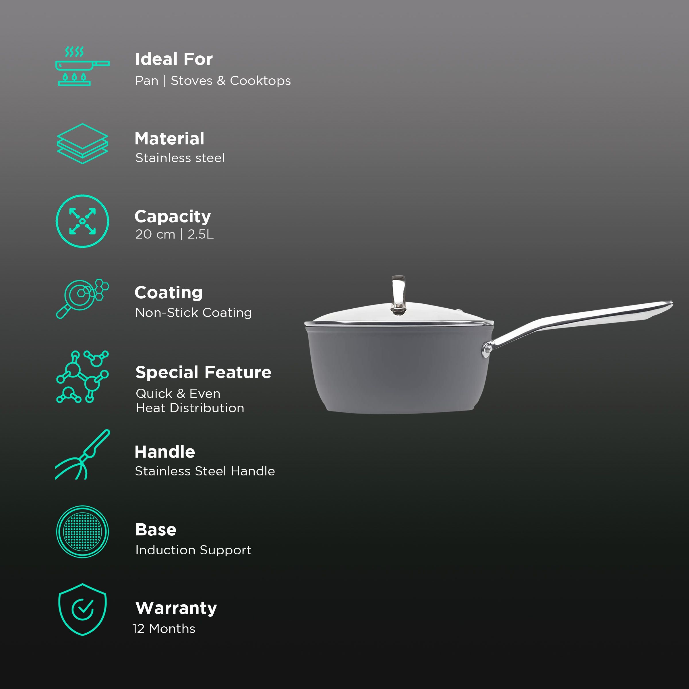 sabichi Haden Perth 2.5L Non Stick Stainless Steel Sauce Pan with Glass Lid (Induction Compatible, Even Heat Distribution, Grey)_3