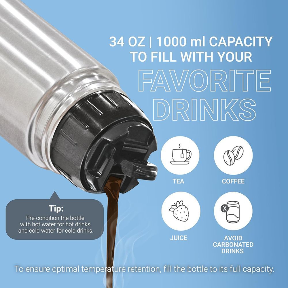 MILTON Flip Lid 1000ml Stainless Steel Hot & Cold Thermosteel Bottle (Double Walled Vacuum Insulation, Silver)_8