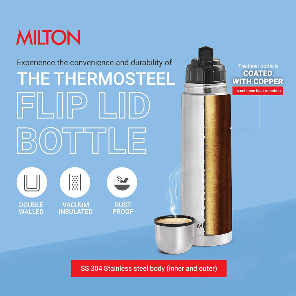 MILTON Flip Lid 500ml Stainless Steel Hot & Cold Thermosteel Bottle (Double Walled Vacuum Insulation, Silver)_3