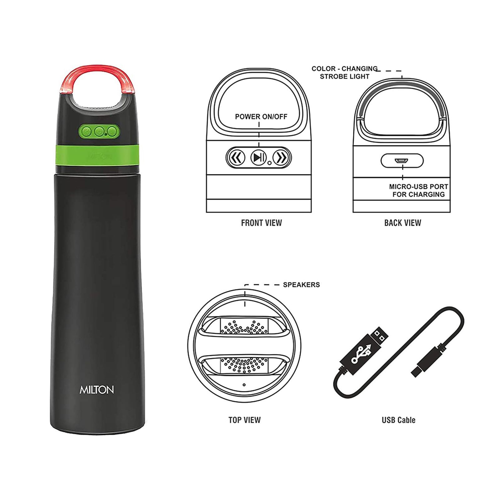 Milton Boom 900 715ml Stainless Steel Hot & Cold Smart Bottle with Bluetooth Speaker (BPA Free, Black)_8