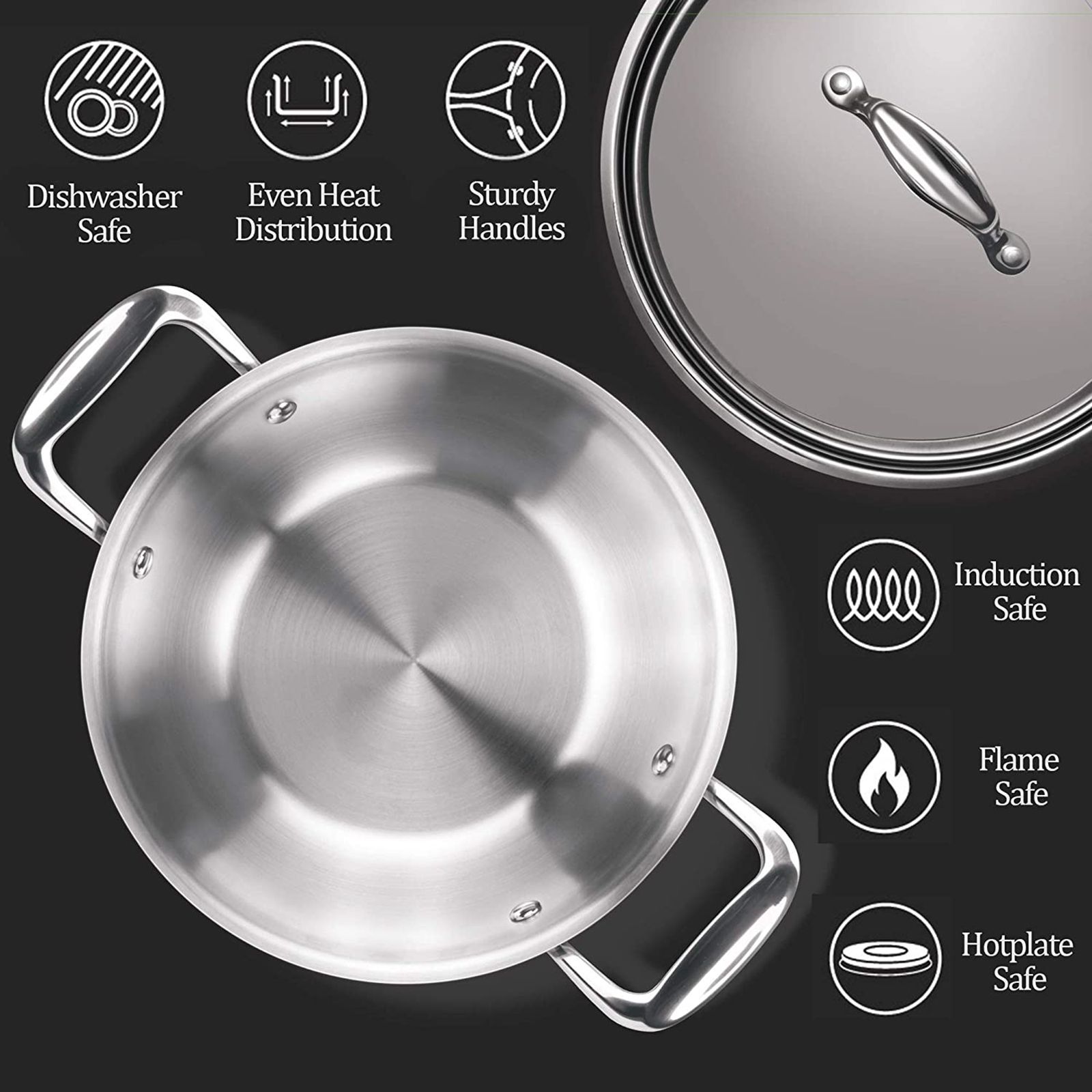 Milton ProCook 1.6L Non Stick Aluminium & Stainless Steel Kadhai with Borosilicate Glass Lid (Induction Compatible, Dishwasher Safe, Silver)_7