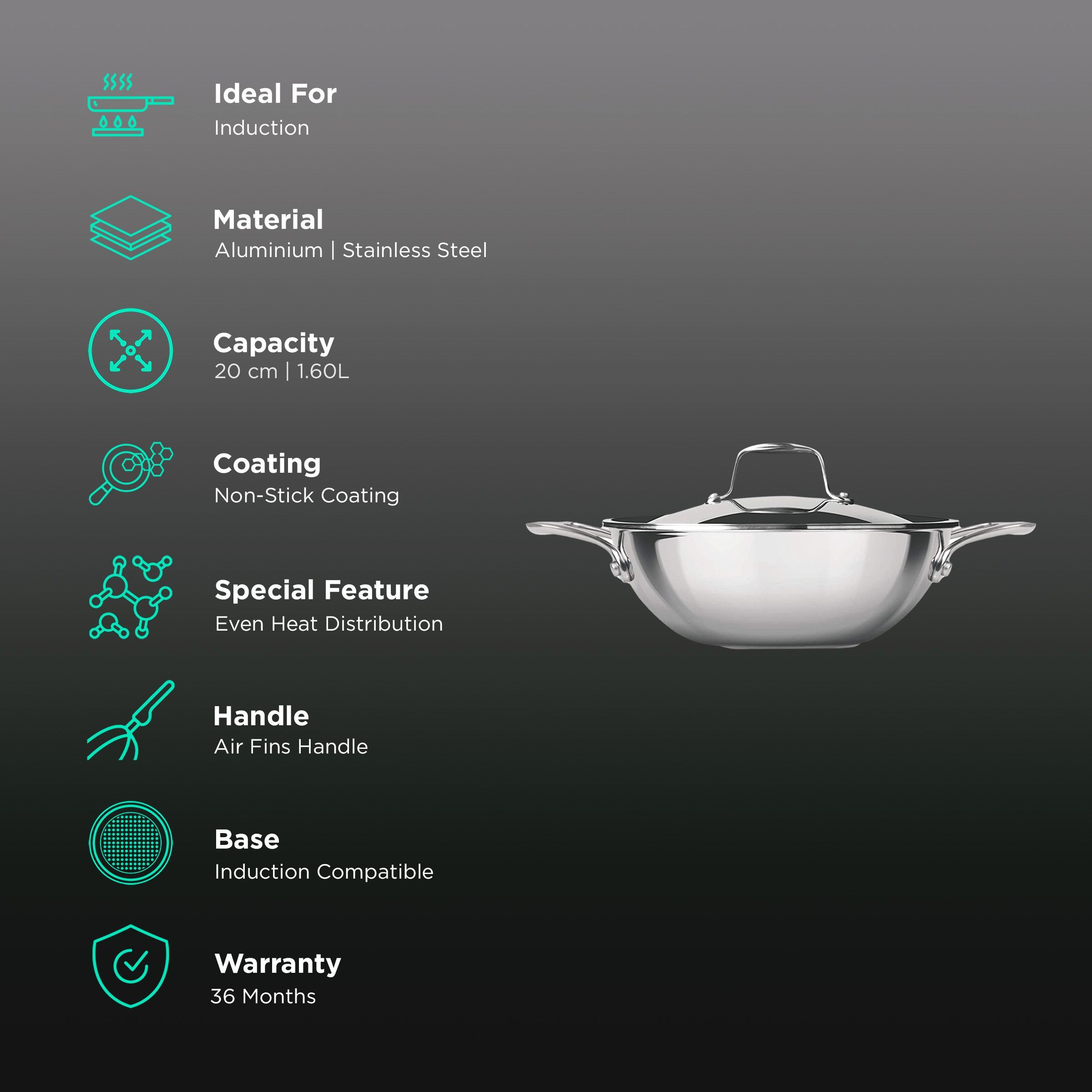 Milton ProCook 1.6L Non Stick Aluminium & Stainless Steel Kadhai with Borosilicate Glass Lid (Induction Compatible, Dishwasher Safe, Silver)_2