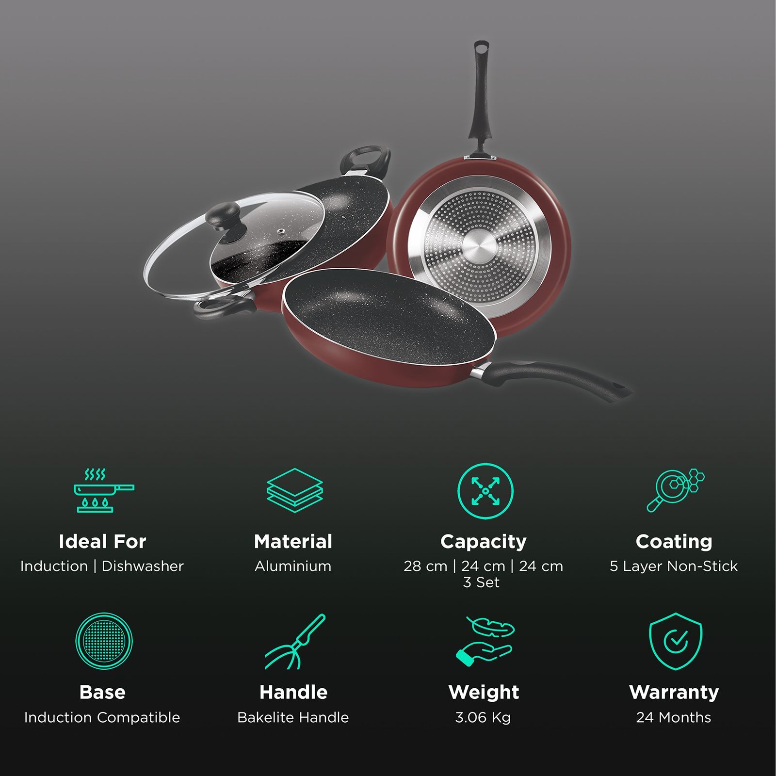 treo Granito Induction My Kitchen Set 3 Pcs Non Stick Kitchen set (Induction Compatible, Dishwasher Safe, Maroon) treo Granito Induction My Kitchen Set 3 Pcs Non Stick Kitchen set (Induction Compatible, Dishwasher Safe, Maroon)_2