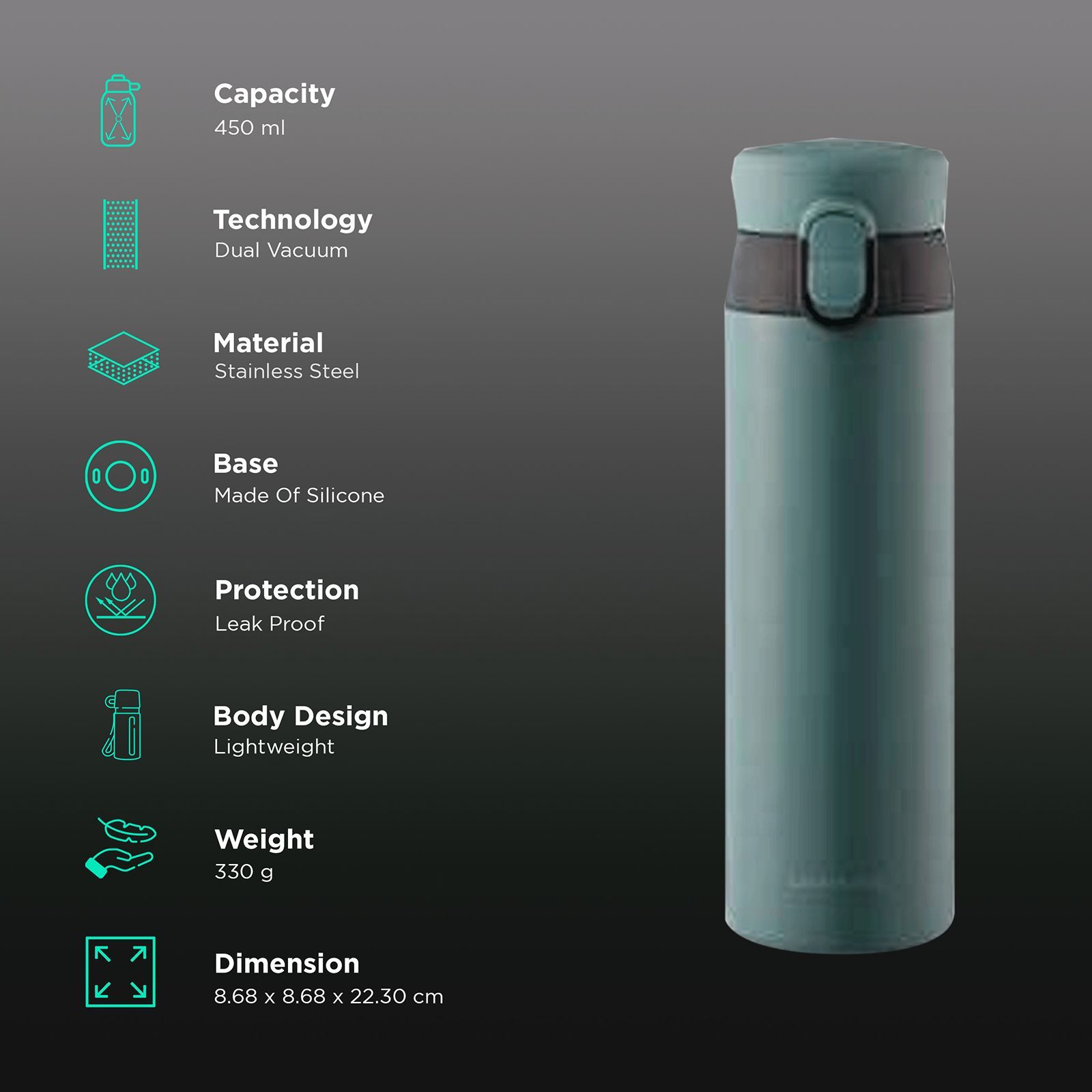 LocknLock Wannabe 450 ml Cylindrical Stainless Steel Water Bottle (Leak proof, LHC3240BLK, Green)_3