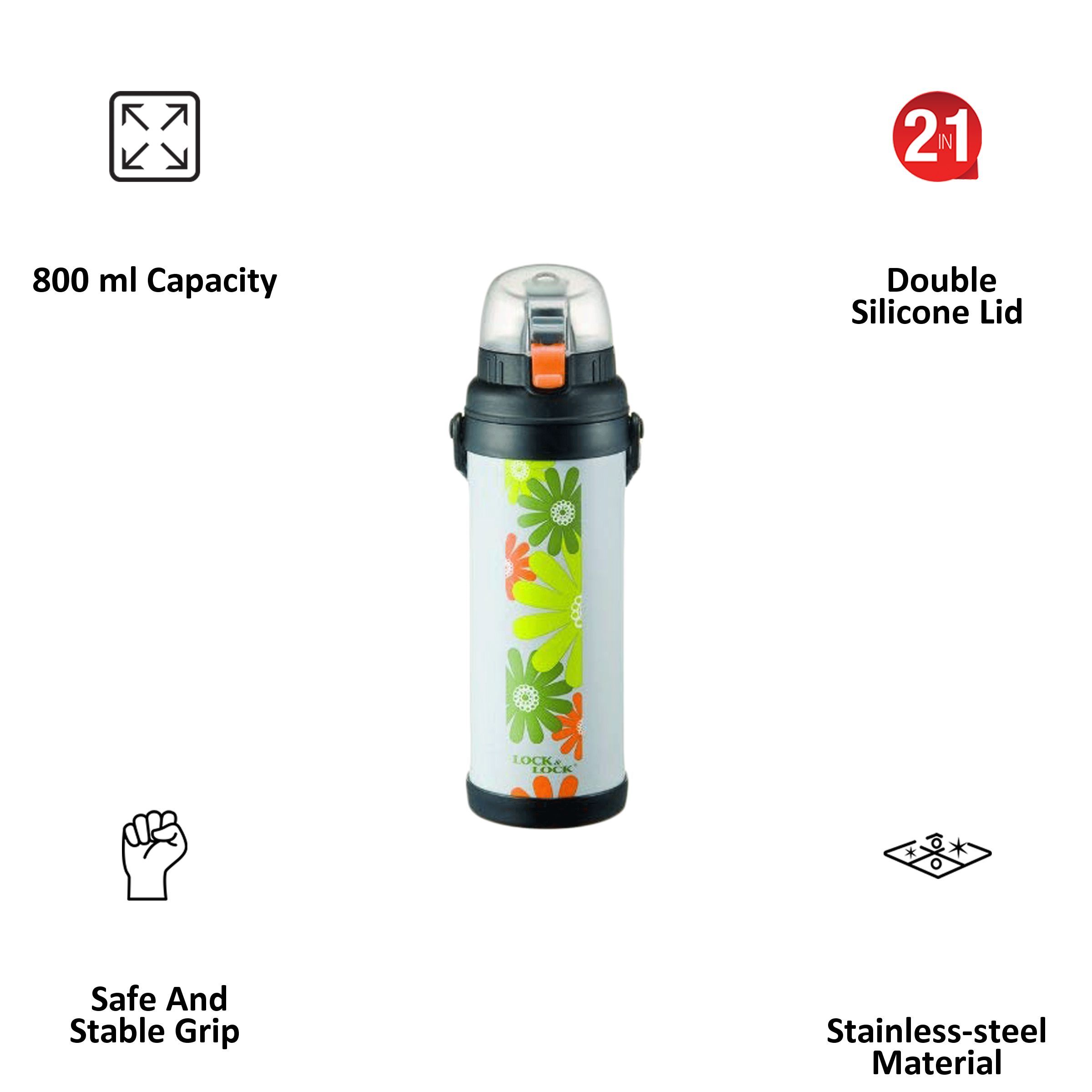 LocknLock LHC741 800 ml Cylindrical Stainless Steel Water Bottle (Double Silicone Lid, Grey)_3