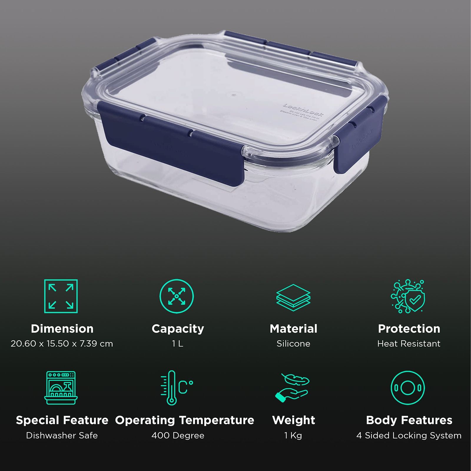 LocknLock 1 Litres Square Silicon Storage Container (Heat Resistant, LBG445, Transparent)_2