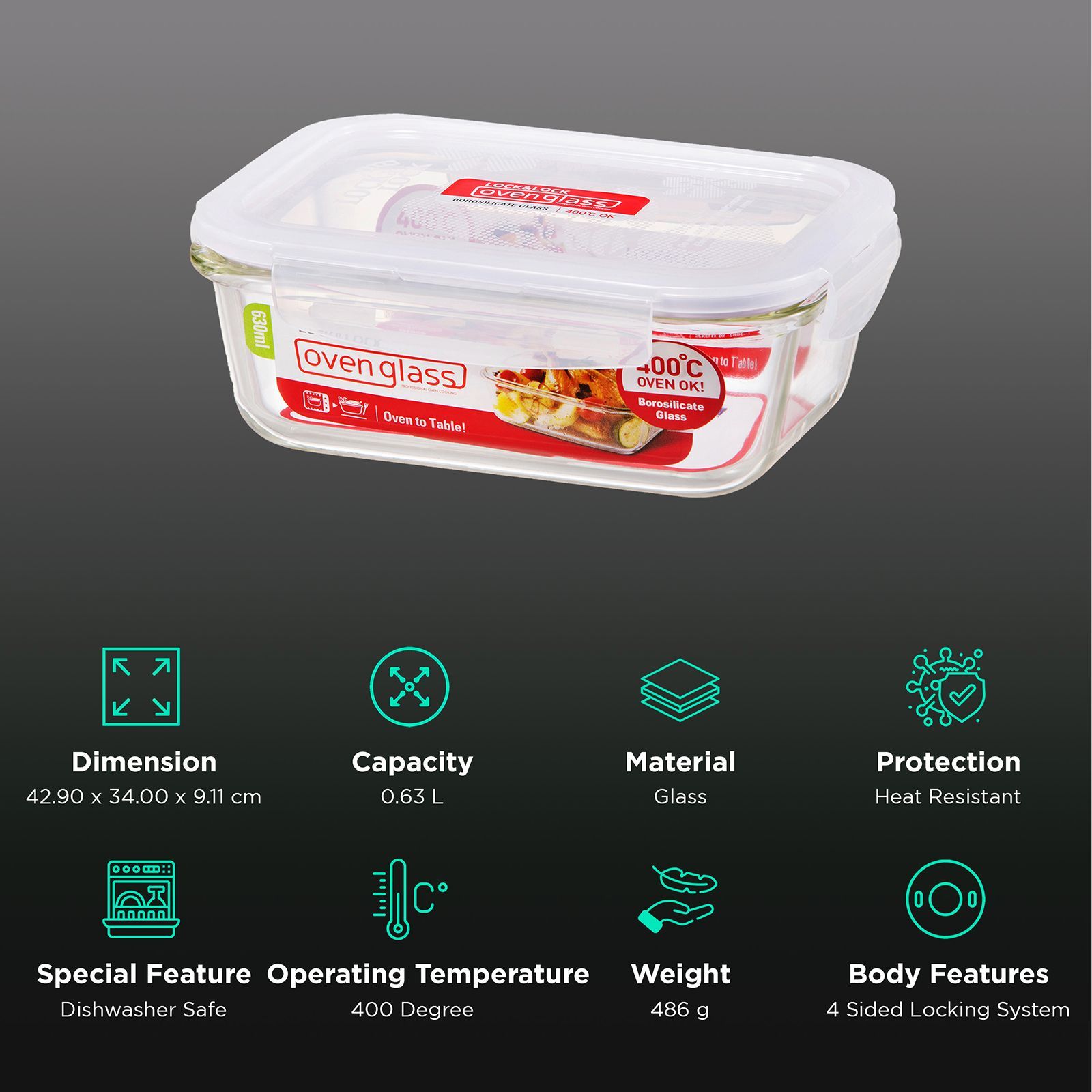LocknLock Ovenglass 630ml Rectangular Glass Storage Container (Heat Resistant, LLG428, Transparent)_2