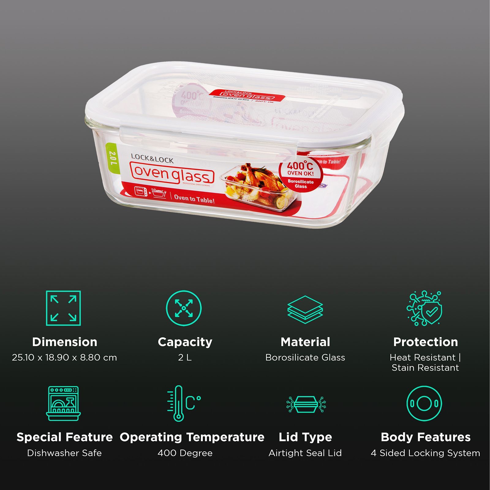 LocknLock 2 Litres Rectangular Glass Storage Container (Heat Resistant, LLG455, Transparent)_2