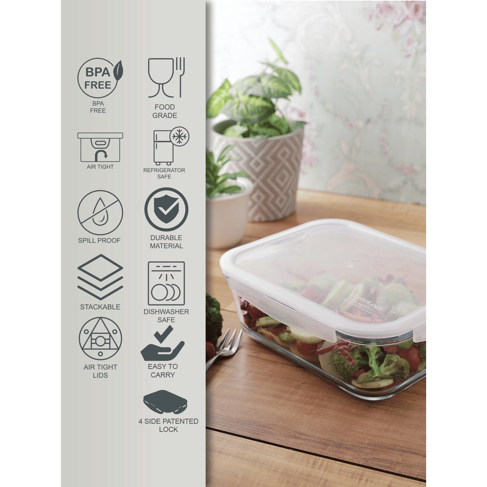 LocknLock 2 Litres Rectangular Glass Storage Container (Heat Resistant, LLG455, Transparent)_7