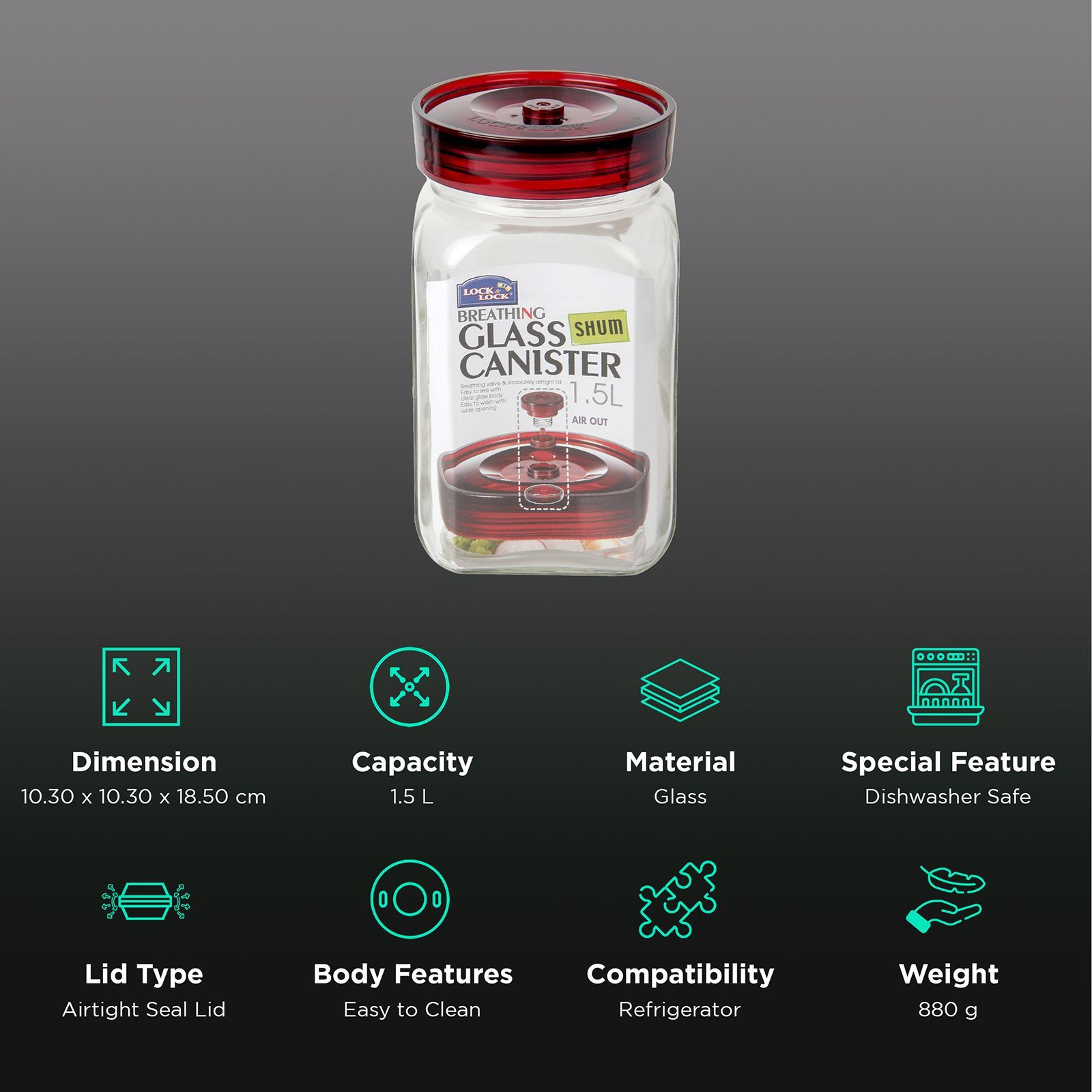 LocknLock Shum 1.5 Litres Square Glass Storage Container (Breathing Valve, LLG552, Transparent)_2