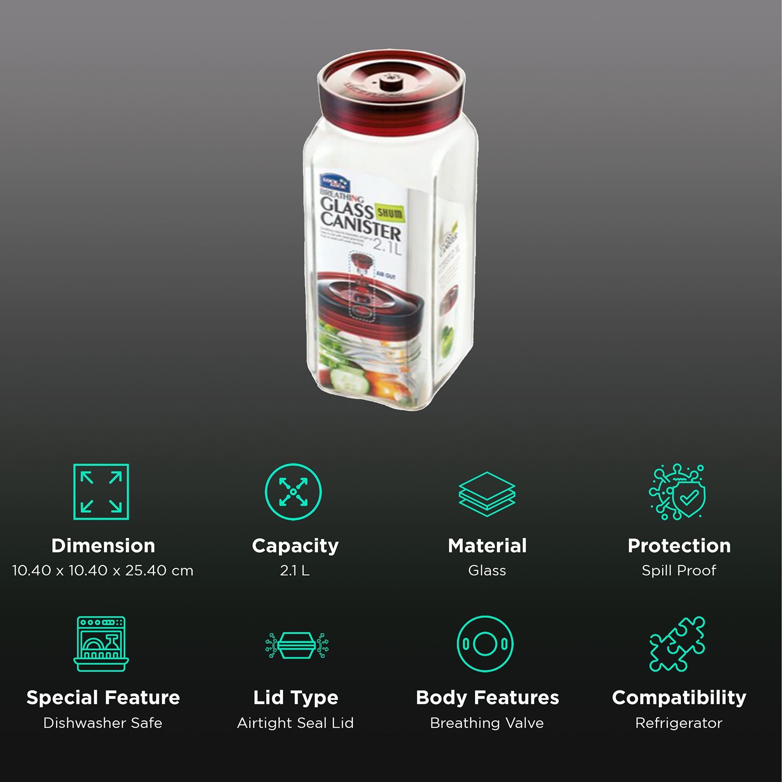 LocknLock Shum 2.1 Litres Square Glass Storage Container (Breathing Valve, LLG553, Transparent) LocknLock Shum 2.1 Litres Square Glass Storage Container (Breathing Valve, LLG553, Transparent)_2