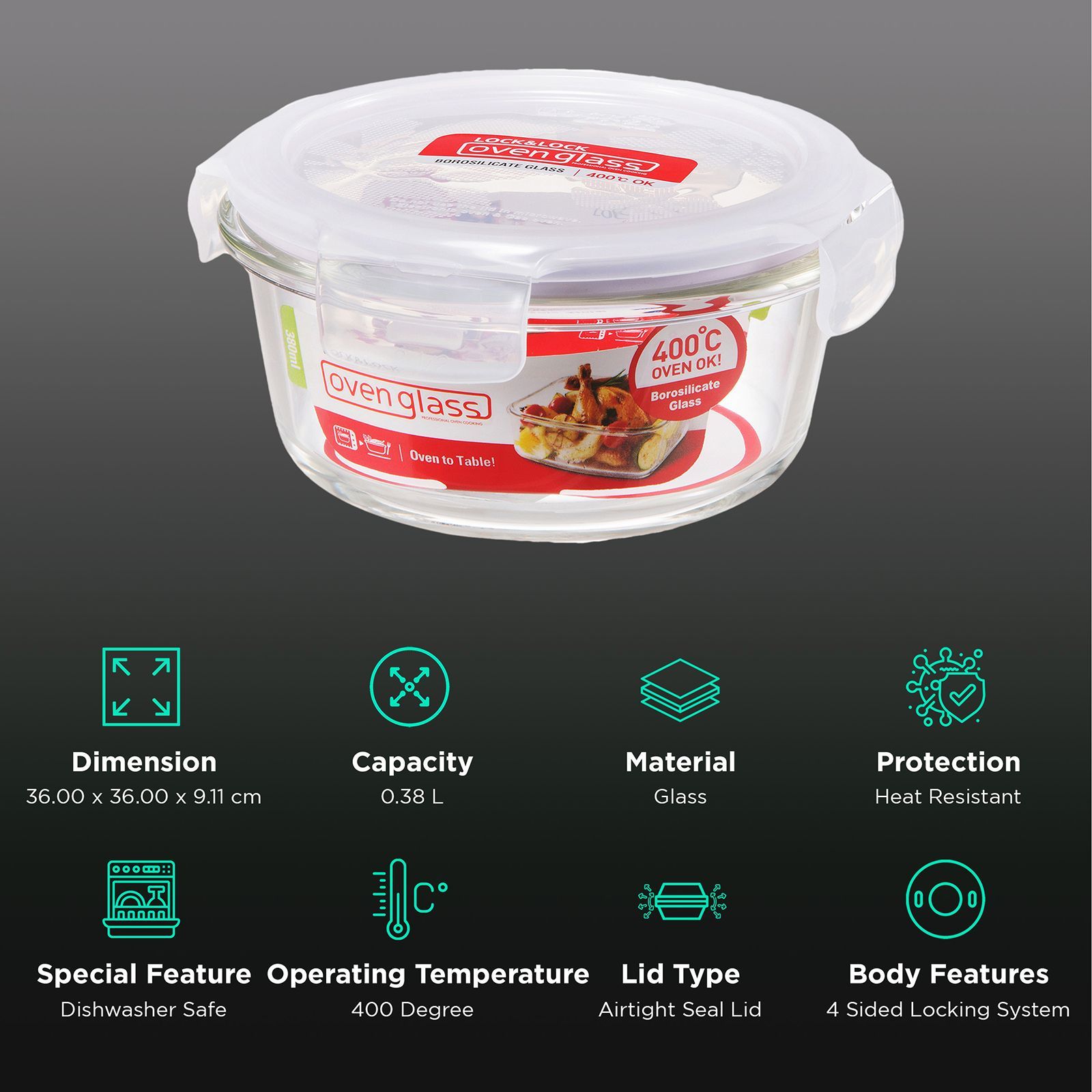 LocknLock Ovenglass 380ml Round Glass Storage Container (Heat Resistant, LLG821, Transparent) LocknLock Ovenglass 380ml Round Glass Storage Container (Heat Resistant, LLG821, Transparent)_2