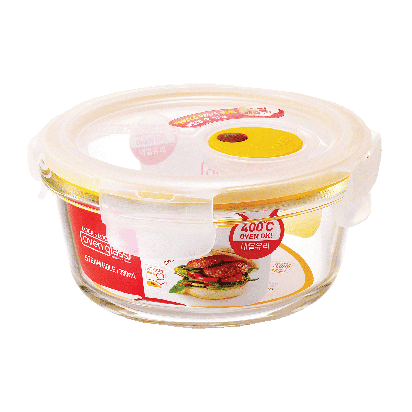 LocknLock Ovenglass 380 ml Round Glass Storage Container (Steam Hole, LLG821T, Transparent)_1