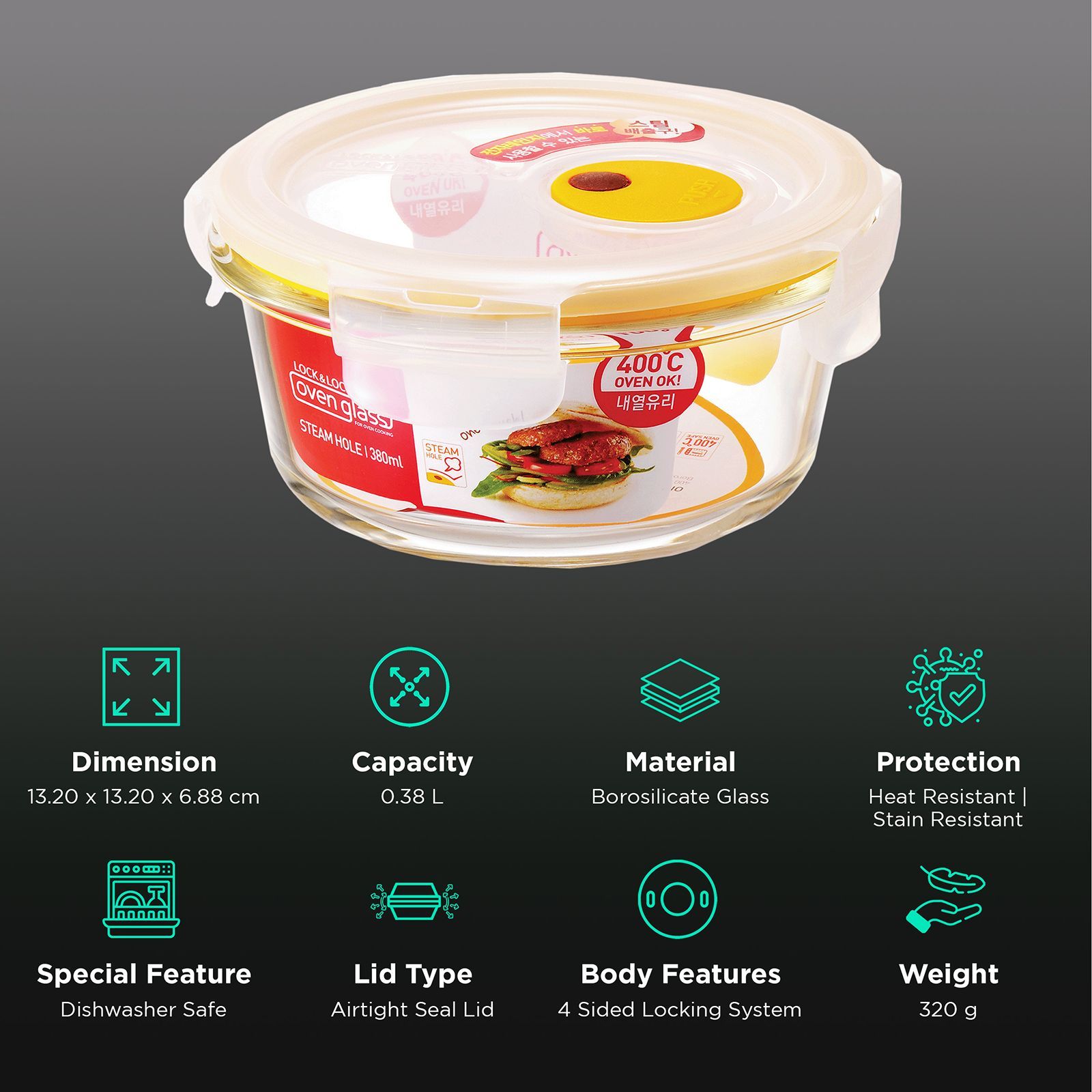 LocknLock Ovenglass 380 ml Round Glass Storage Container (Steam Hole, LLG821T, Transparent)_2