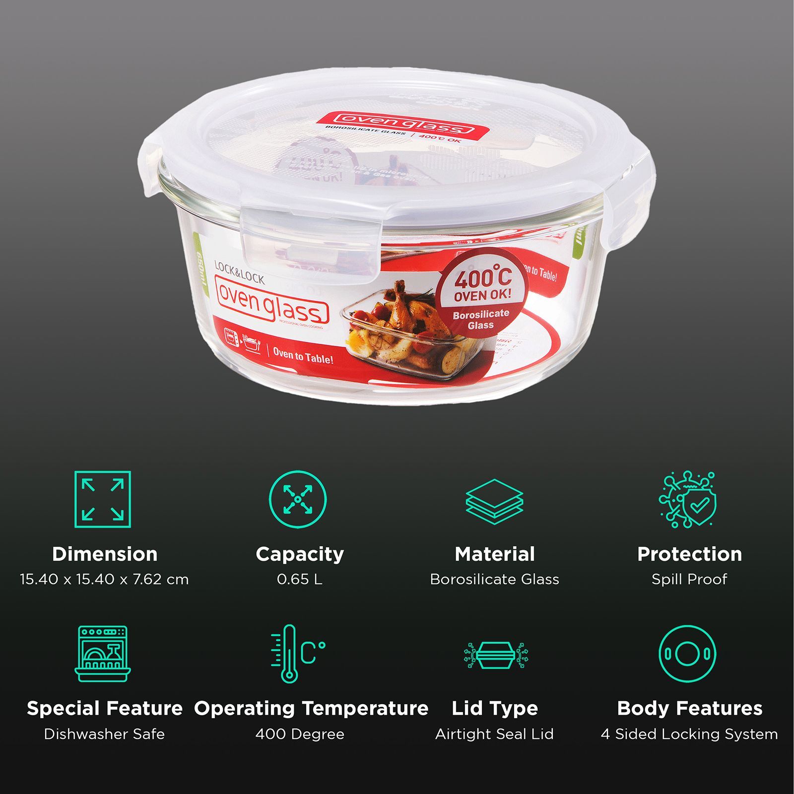 LocknLock Ovenglass 650 ml Round Glass Storage Container (Heat Resistant, LLG831, Transparent)_2